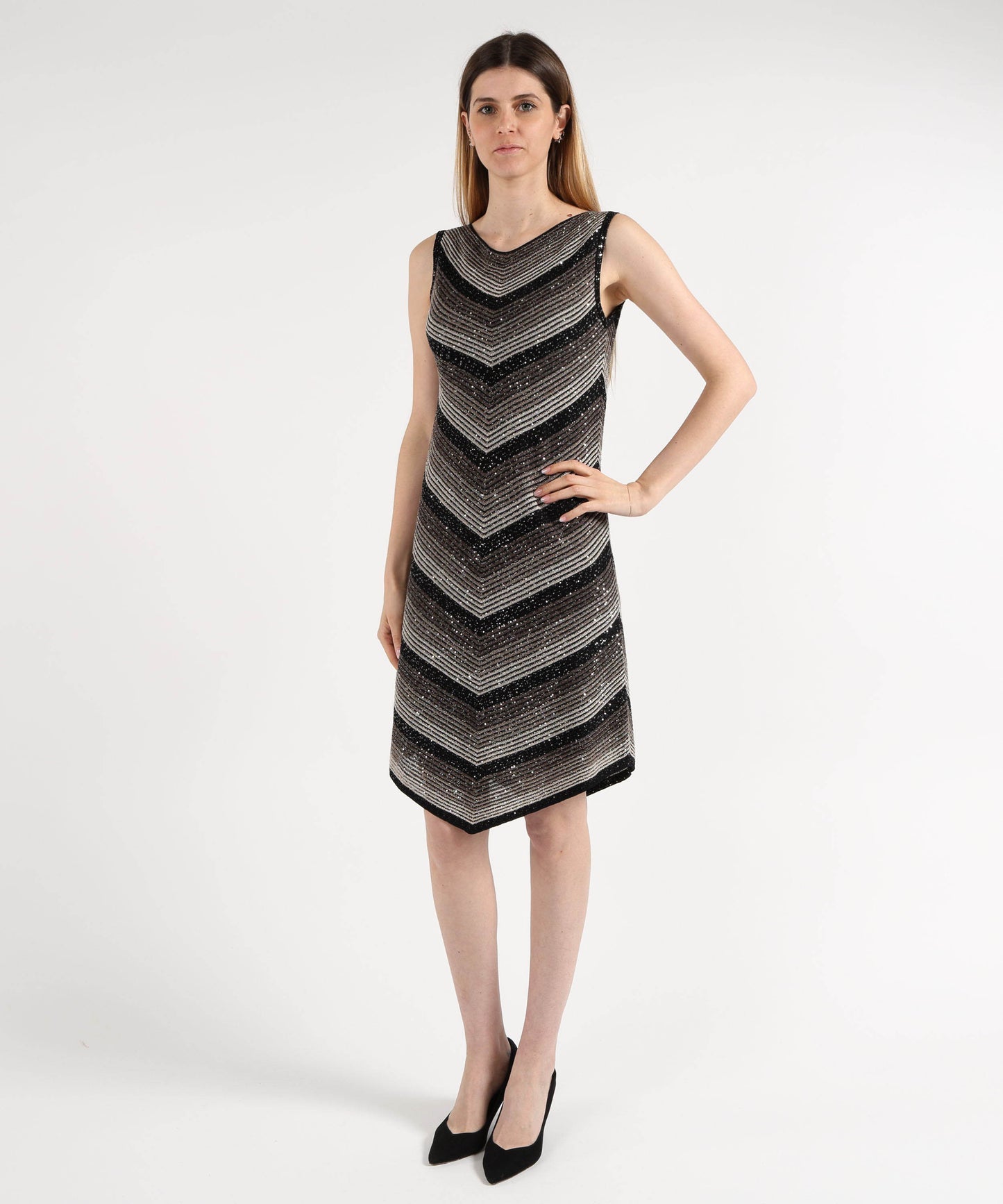 D.EXTERIOR Abito Midi Senza Maniche con Effetto Costina Paiettata