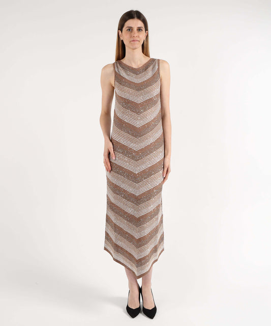 Abiti D.EXTERIOR Abito Lungo Senza Maniche con Effetto Costina Paiettata Marrone | D.EXTERIOR