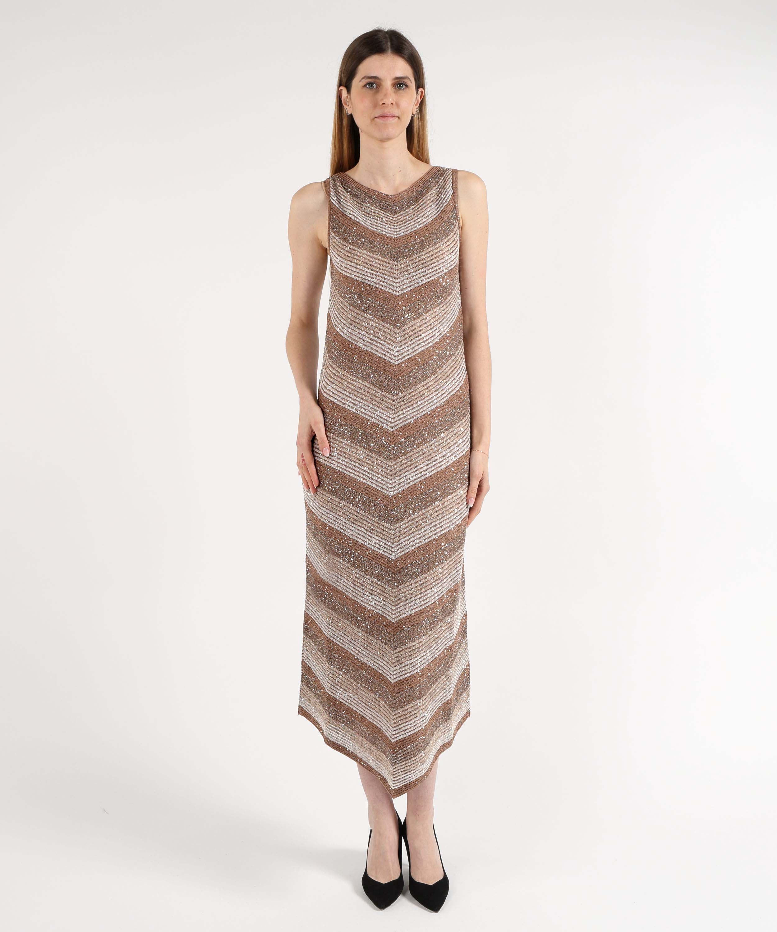 Abiti D.EXTERIOR Abito Lungo Senza Maniche con Effetto Costina Paiettata Marrone | D.EXTERIOR