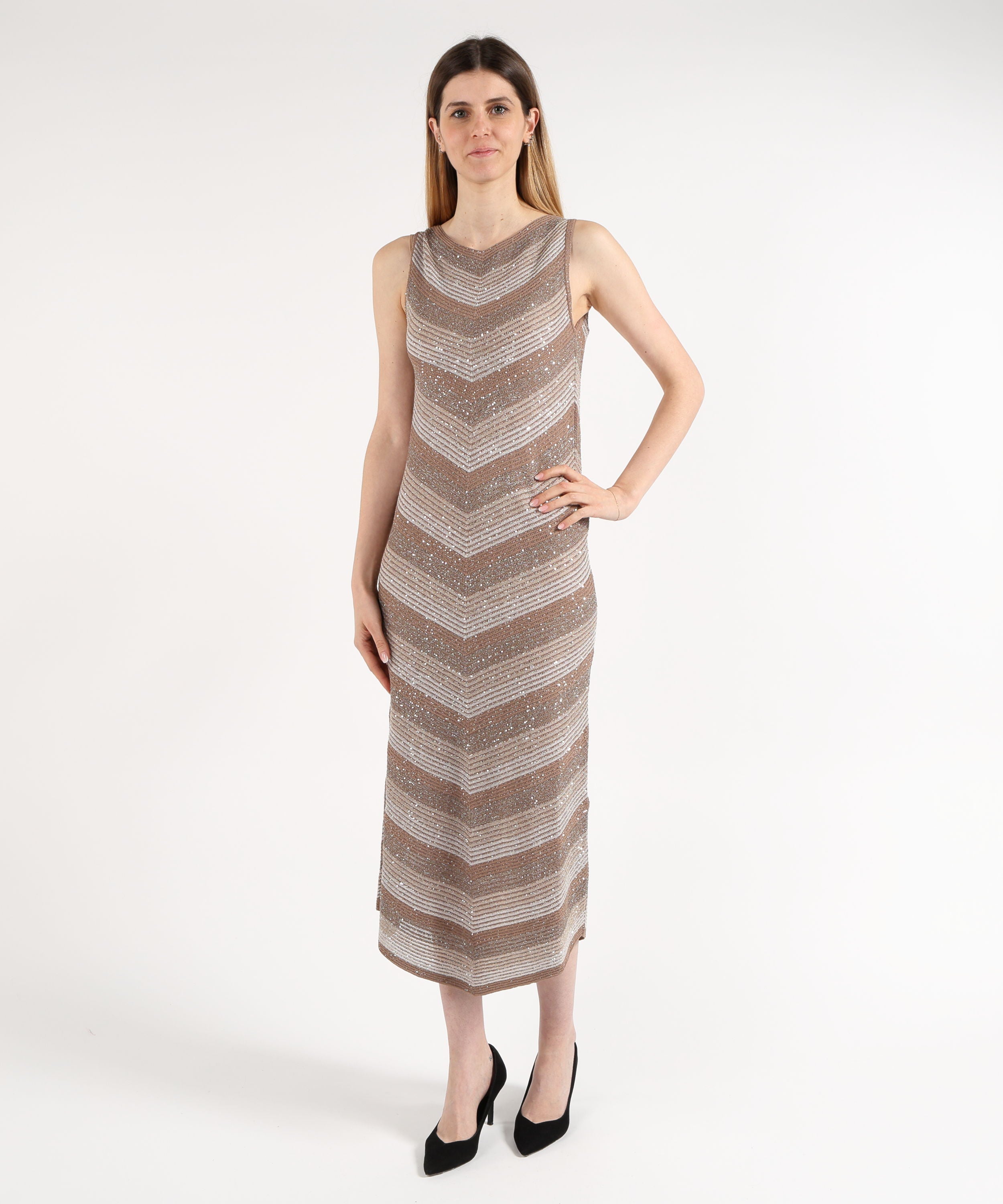 Abiti D.EXTERIOR Abito Lungo Senza Maniche con Effetto Costina Paiettata Marrone | D.EXTERIOR