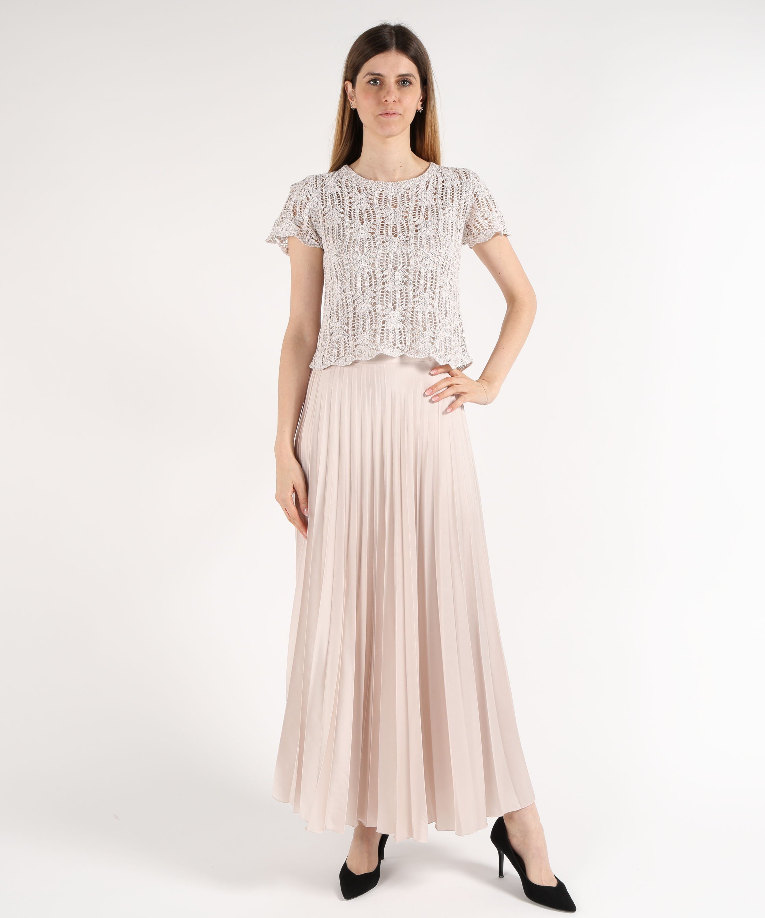 Abiti D.EXTERIOR Abito 2 Pezzi con Gonna Plissé e Top a Paillettes Panna | D.EXTERIOR