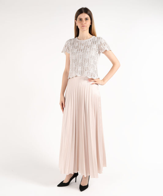 Abiti D.EXTERIOR Abito 2 Pezzi con Gonna Plissé e Top a Paillettes Panna | D.EXTERIOR