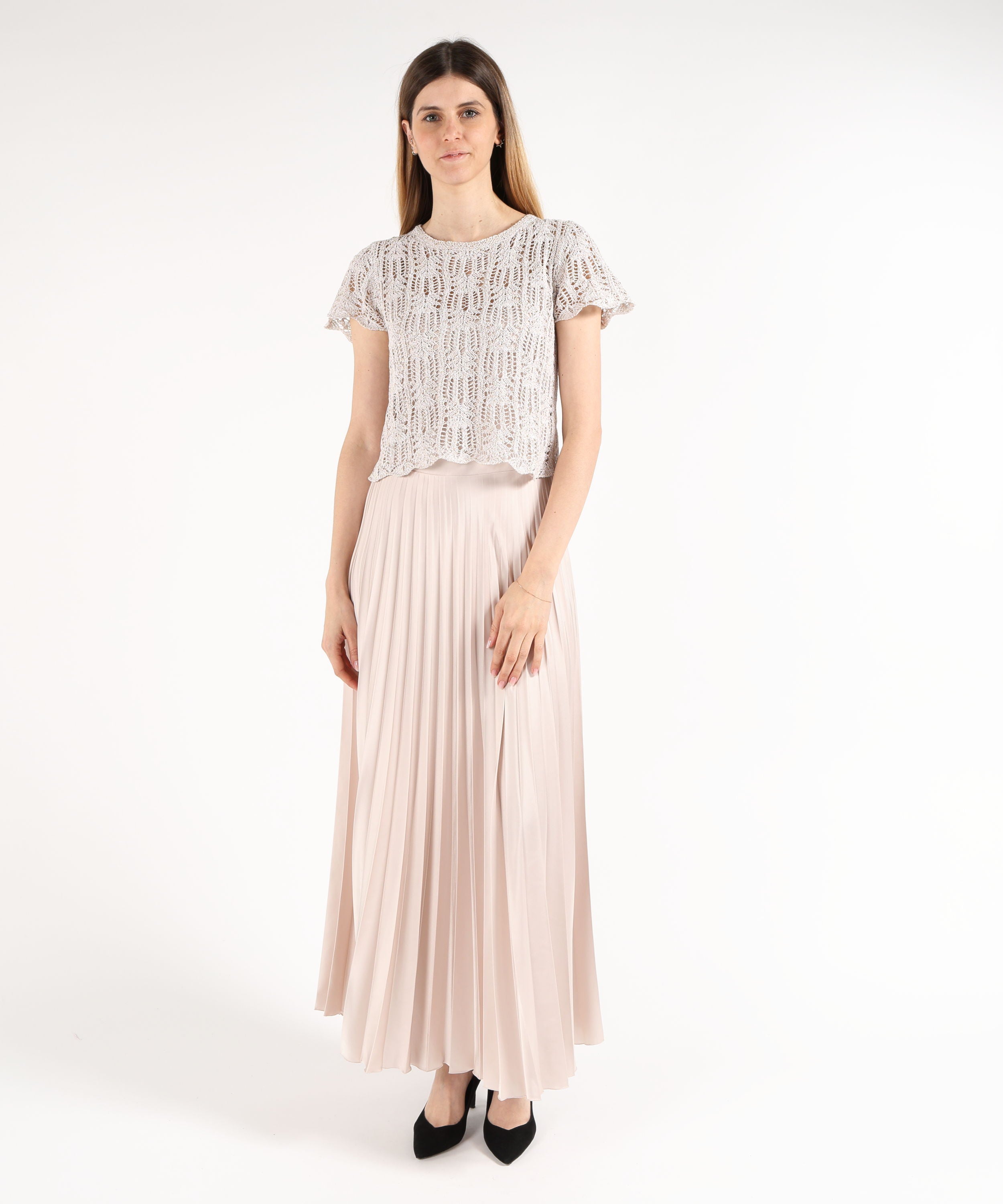 Abiti D.EXTERIOR Abito 2 Pezzi con Gonna Plissé e Top a Paillettes Panna | D.EXTERIOR