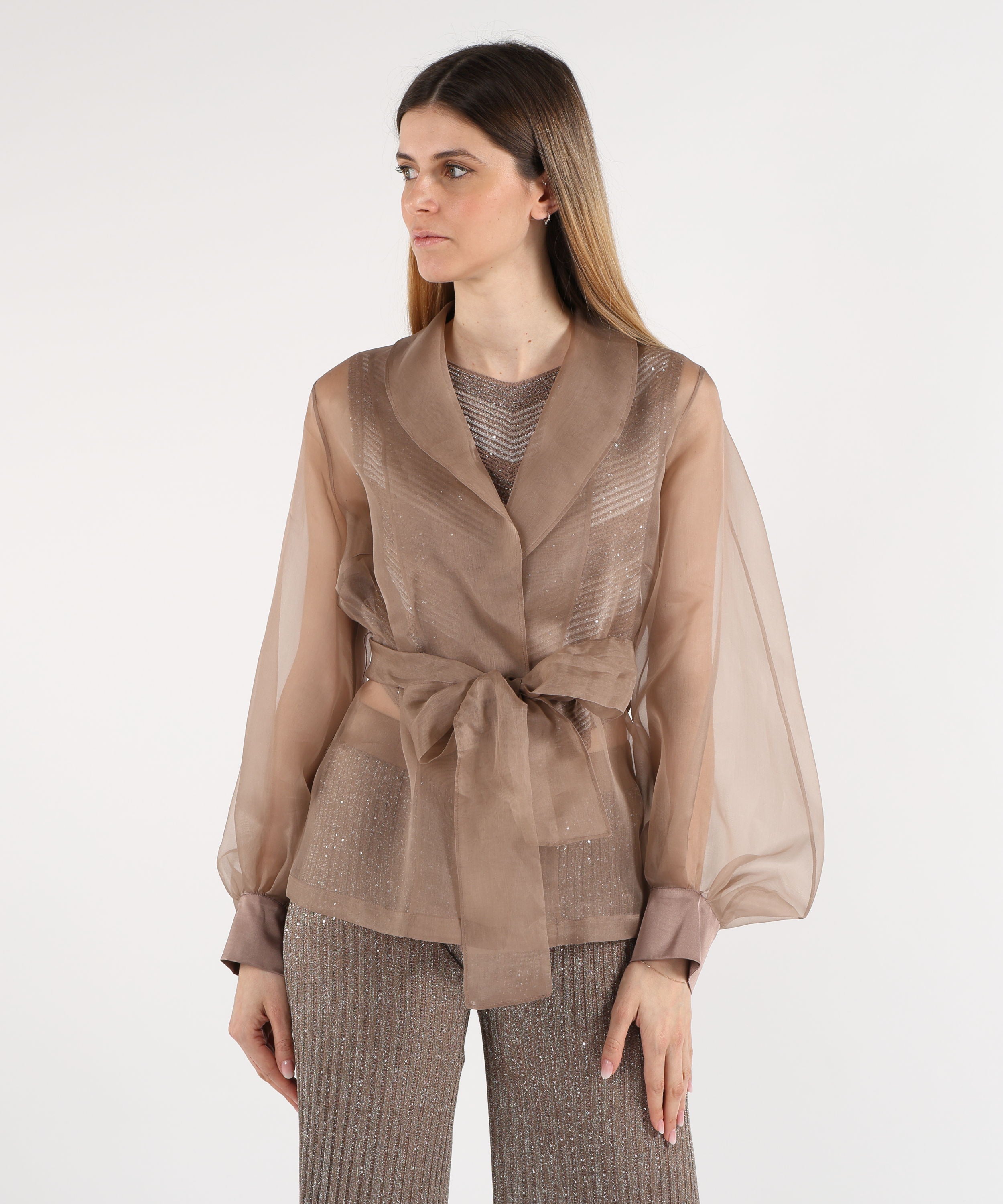 Giacche D.EXTERIOR Giacchino Trasparente con Cintura Marrone | D.EXTERIOR