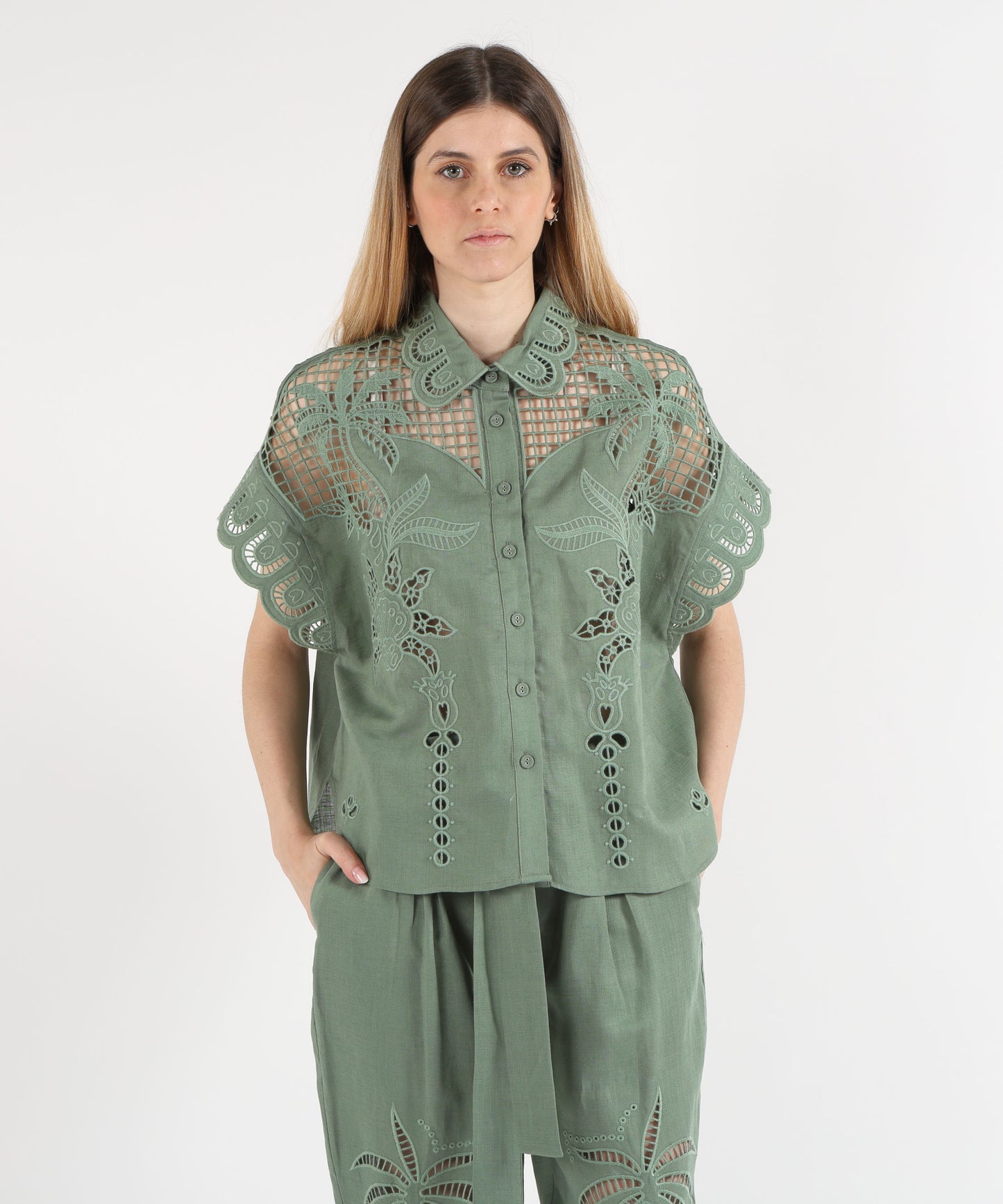 Amosa Openwork Shirt with Floral Embroidery