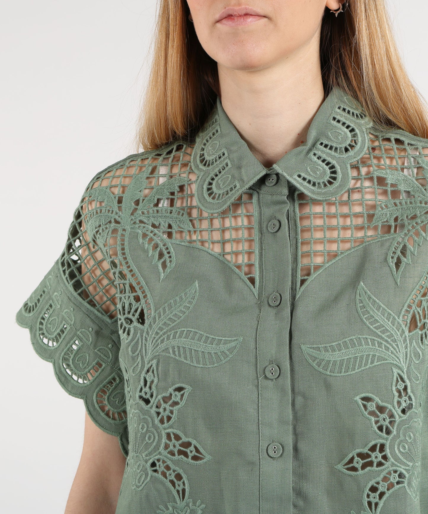 Amosa Openwork Shirt with Floral Embroidery