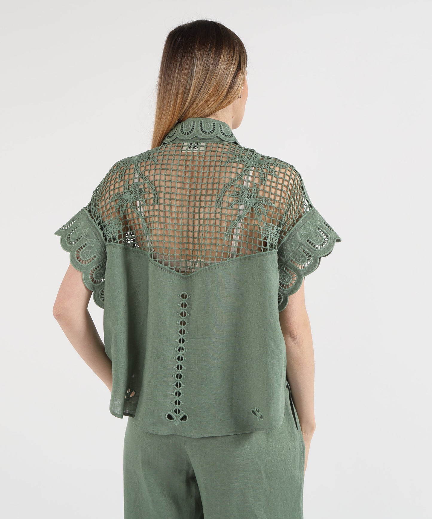 Amosa Openwork Shirt with Floral Embroidery