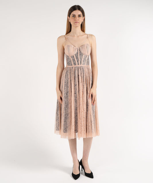 Abiti ELISABETTA FRANCHI Abito Midi in Pizzo con Gonna Plissettata Nude/nero | ELISABETTA FRANCHI