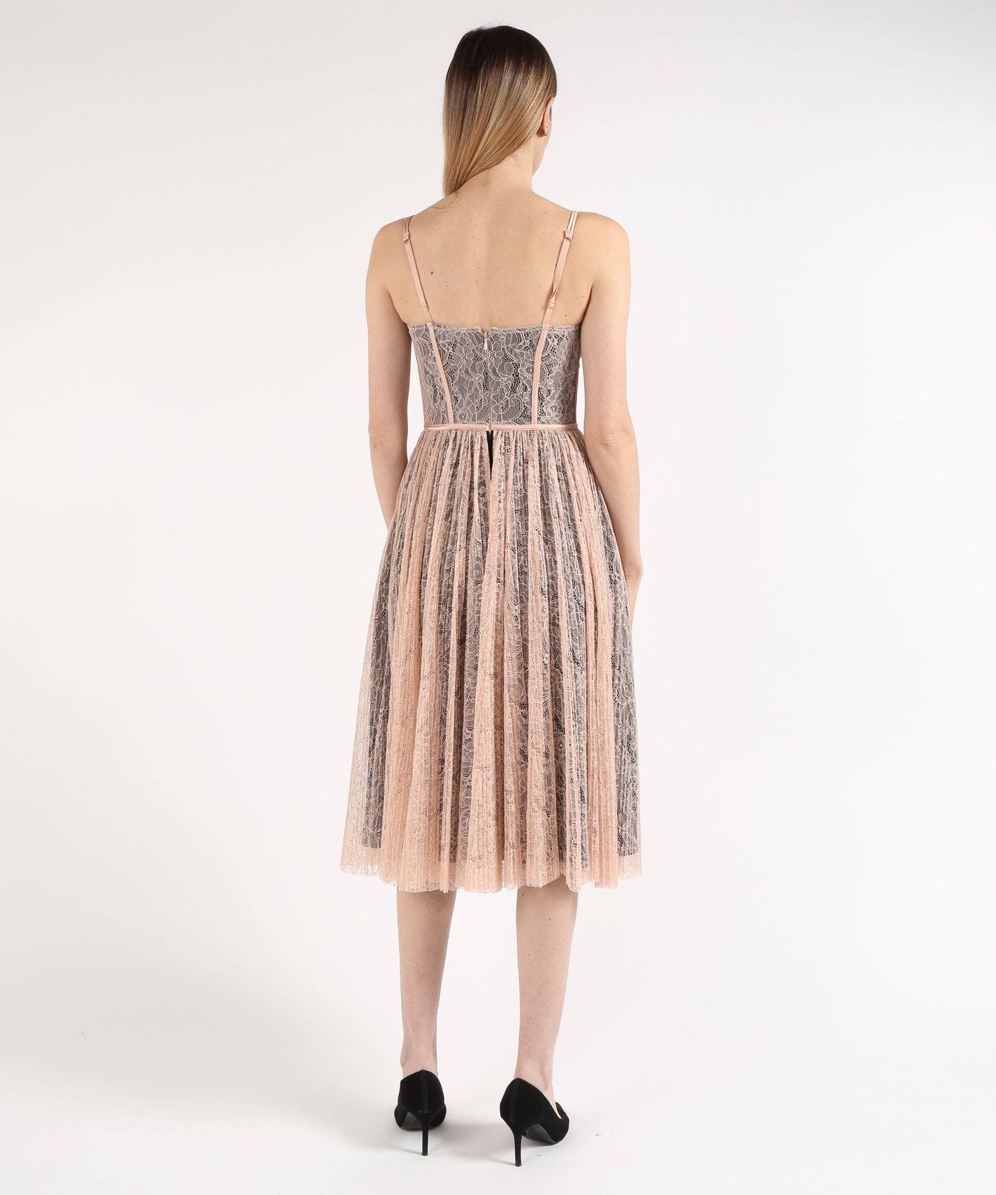 ELISABETTA FRANCHI Abito Midi in Pizzo con Gonna Plissettata