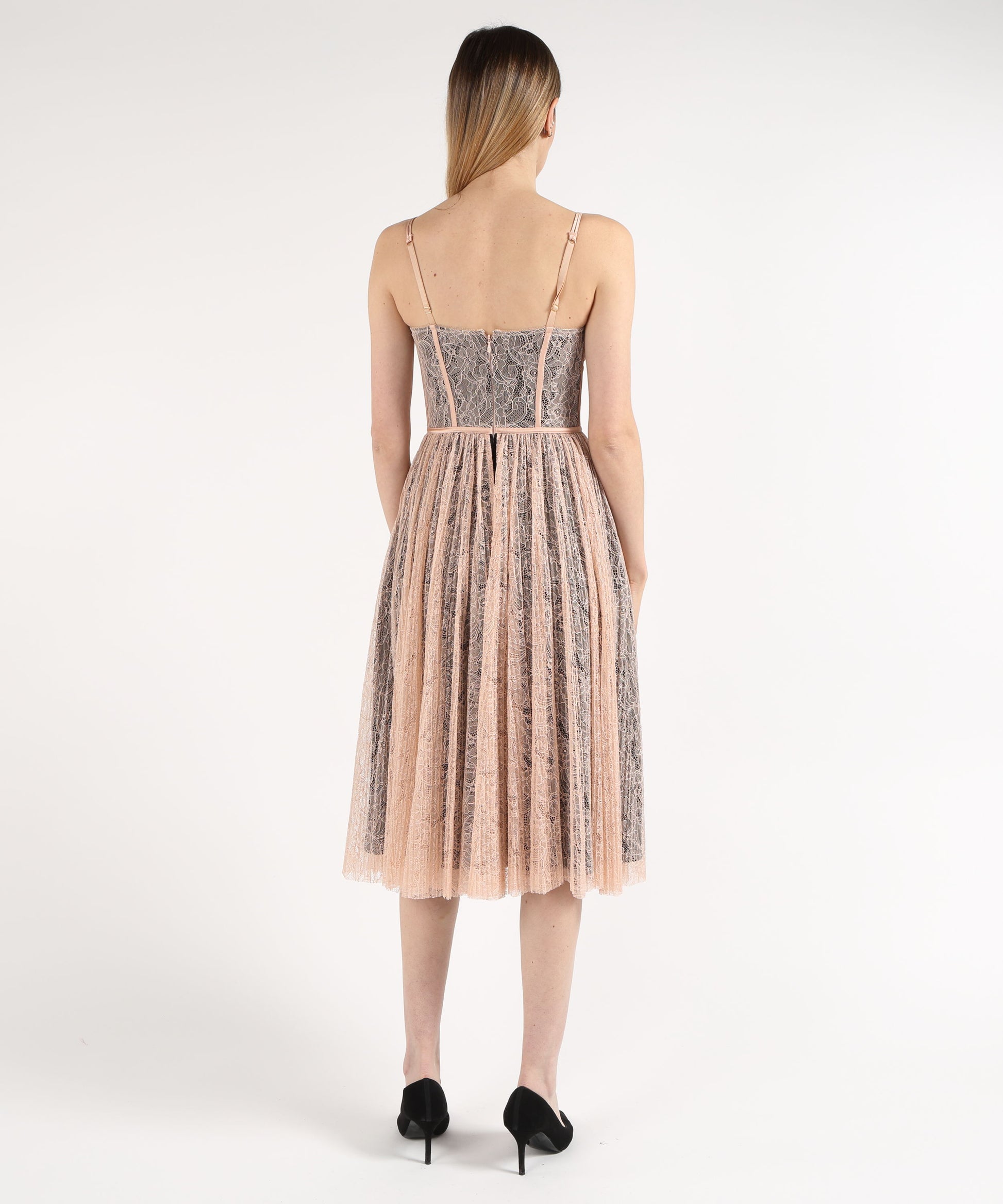 Abiti ELISABETTA FRANCHI Abito Midi in Pizzo con Gonna Plissettata Nude/nero | ELISABETTA FRANCHI