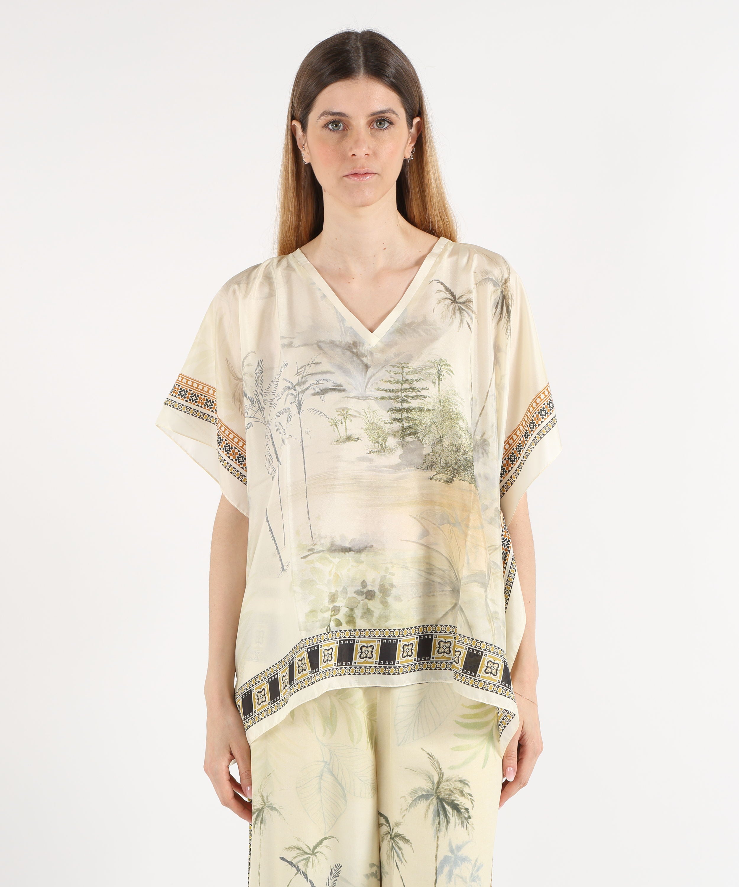 Ponchos SEVENTY Printed Silk Poncho Salvia | SEVENTY