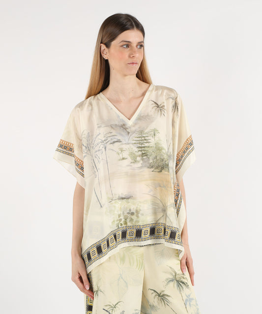 Ponchos SEVENTY Printed Silk Poncho Salvia | SEVENTY