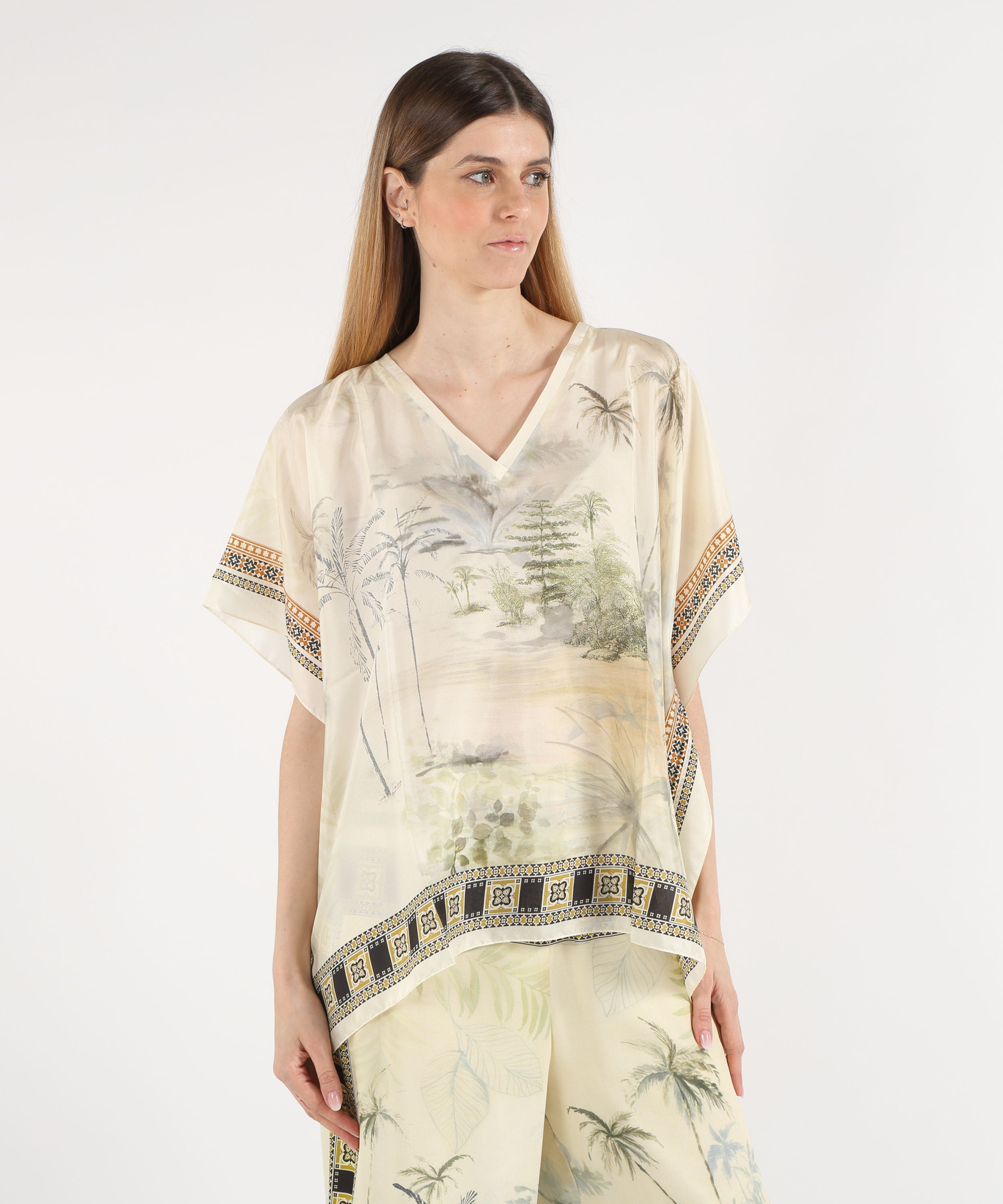 Ponchos SEVENTY Printed Silk Poncho Salvia | SEVENTY