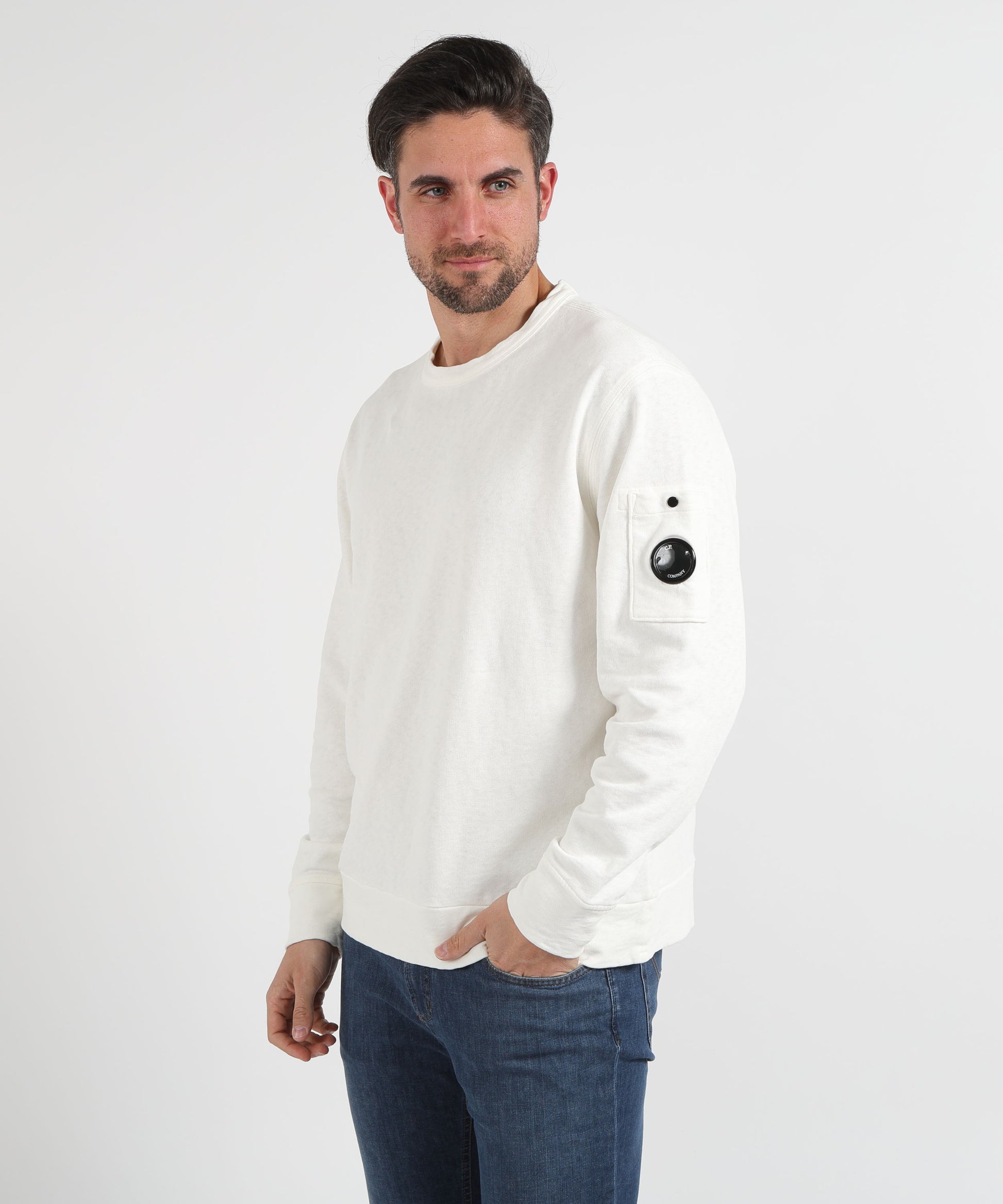 Sweatshirts C.P. COMPANY Malfilè Fleece Lens Crewneck Sweatshirt Bianco | C.P. COMPANY