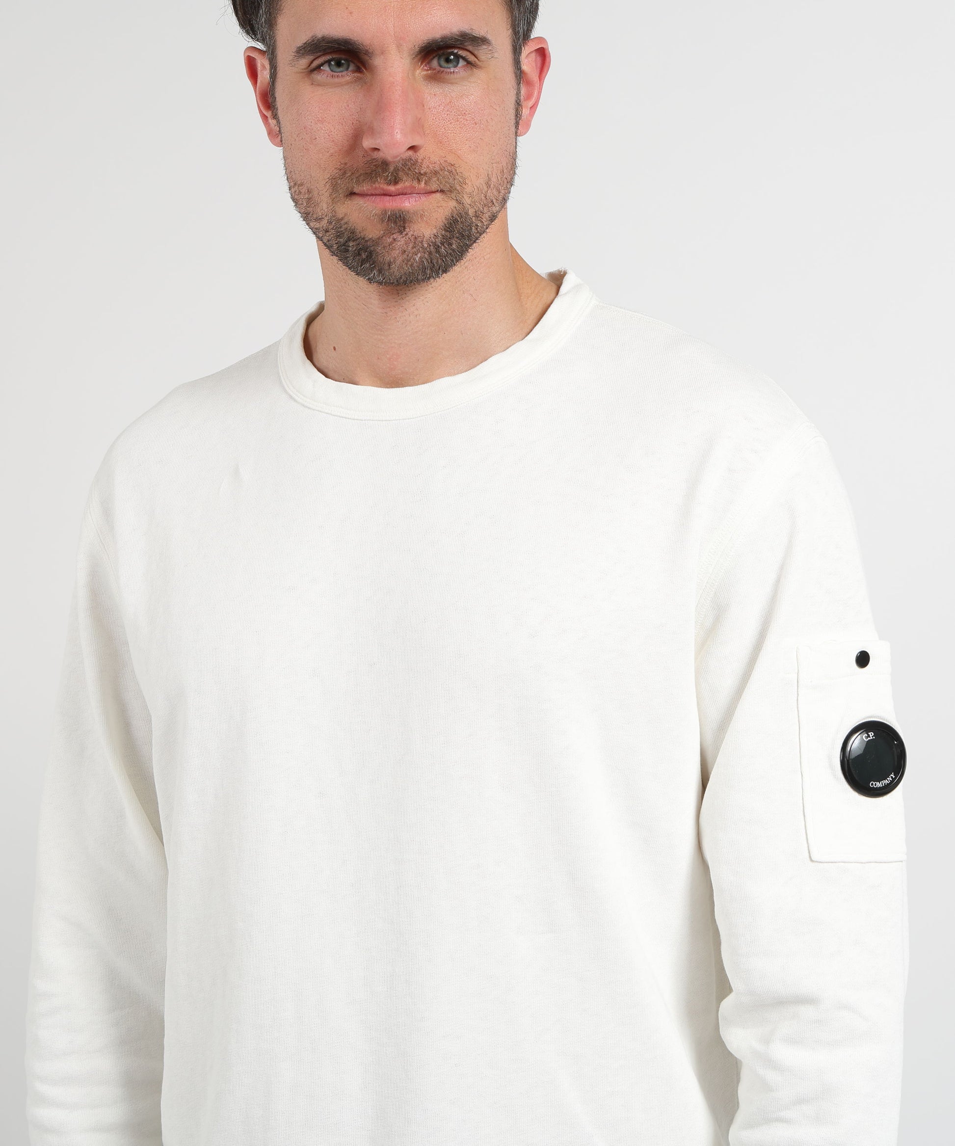 Sweatshirts C.P. COMPANY Malfilè Fleece Lens Crewneck Sweatshirt Bianco | C.P. COMPANY