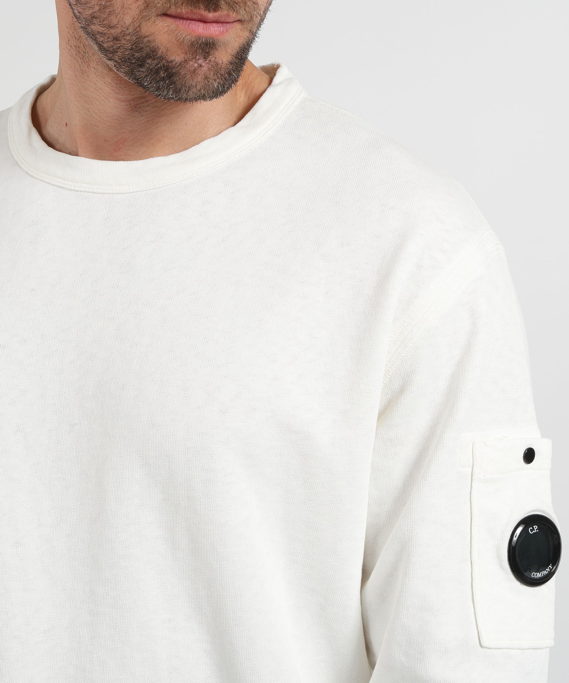 Sweatshirts C.P. COMPANY Malfilè Fleece Lens Crewneck Sweatshirt Bianco | C.P. COMPANY