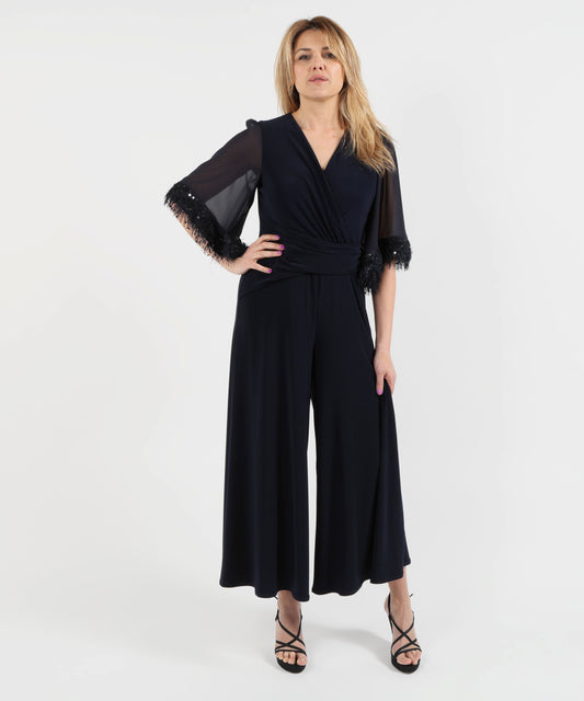 Tute RIBKOFF Tuta a gamba larga in maglia effetto seta con maniche in chiffon Blu notte | RIBKOFF