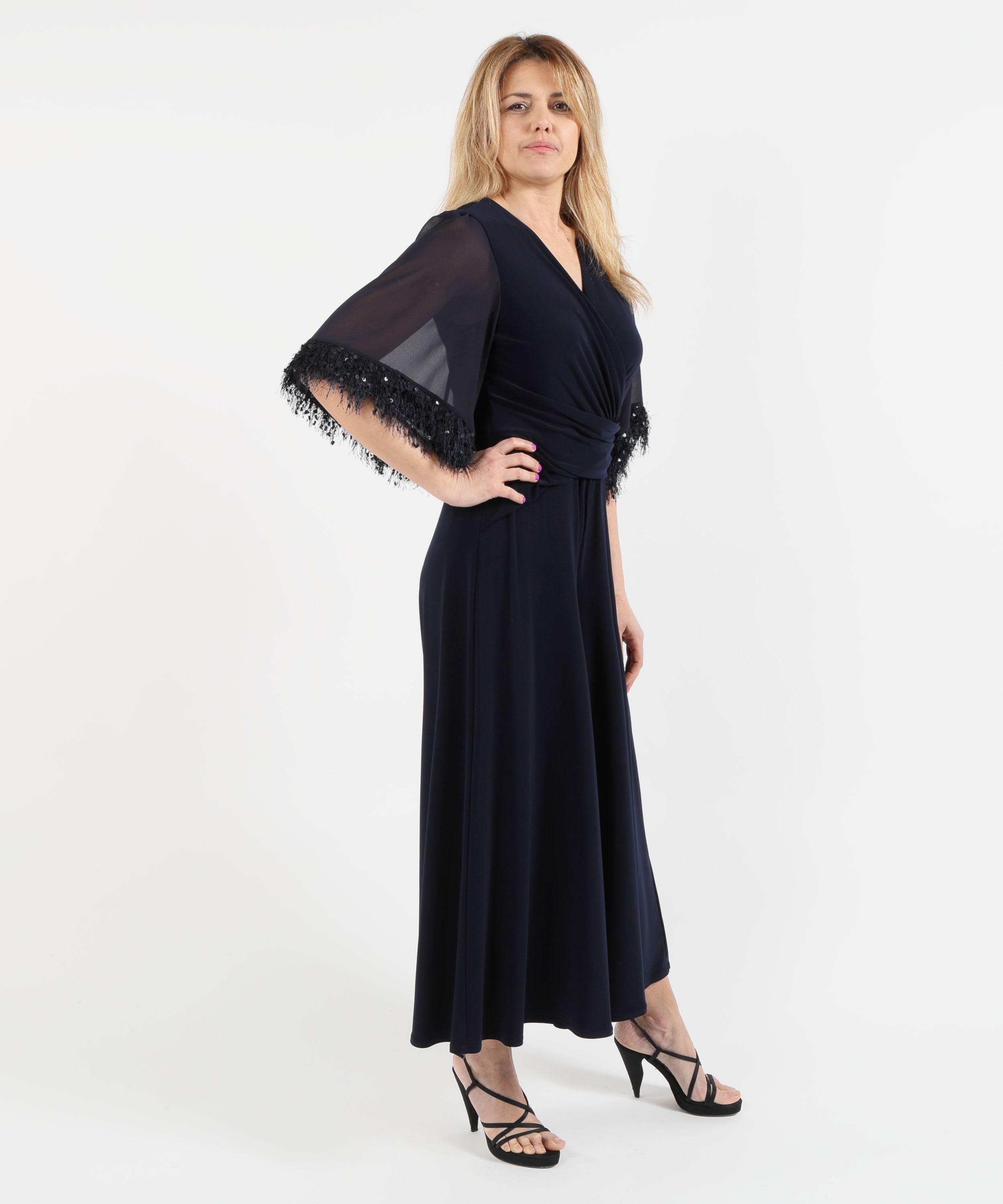 Tute RIBKOFF Tuta a gamba larga in maglia effetto seta con maniche in chiffon Blu notte | RIBKOFF