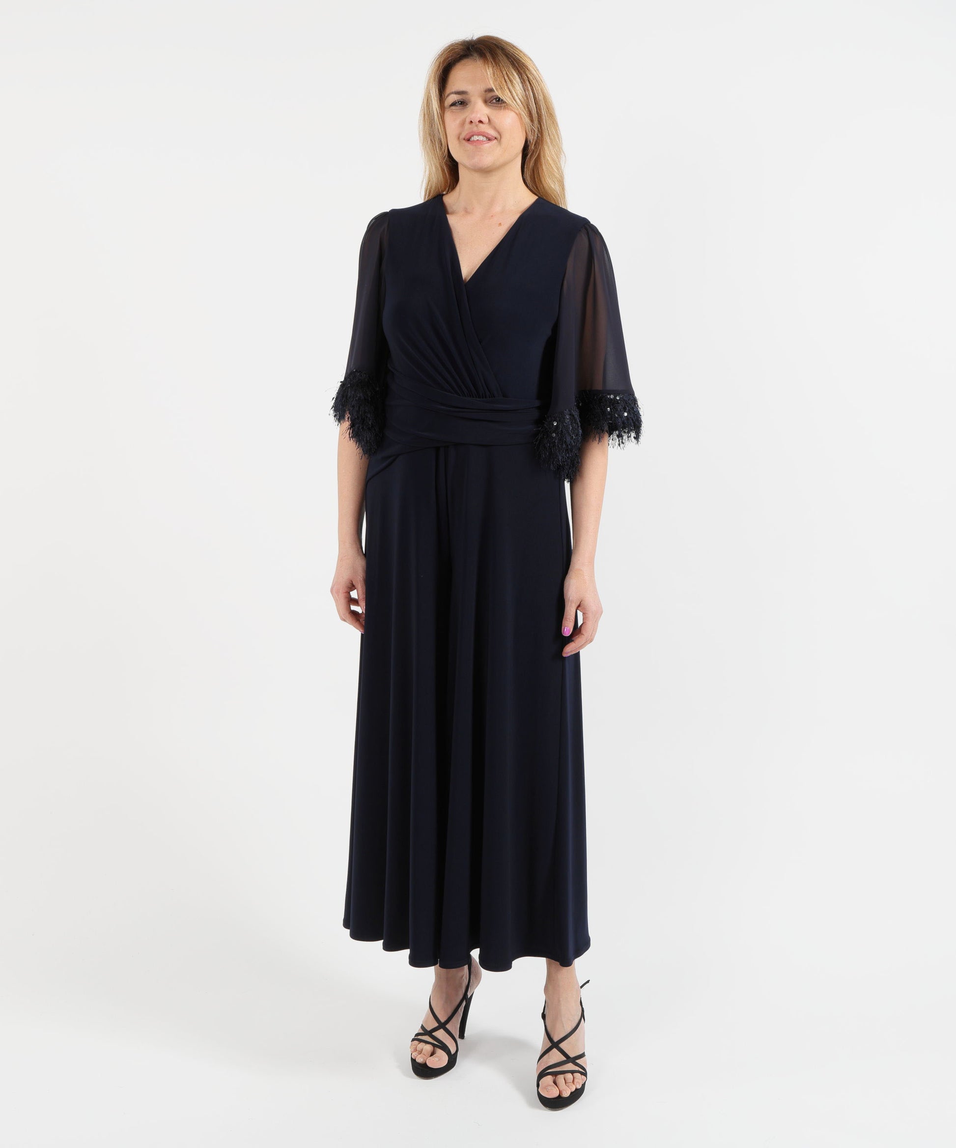 Tute RIBKOFF Tuta a gamba larga in maglia effetto seta con maniche in chiffon Blu notte | RIBKOFF
