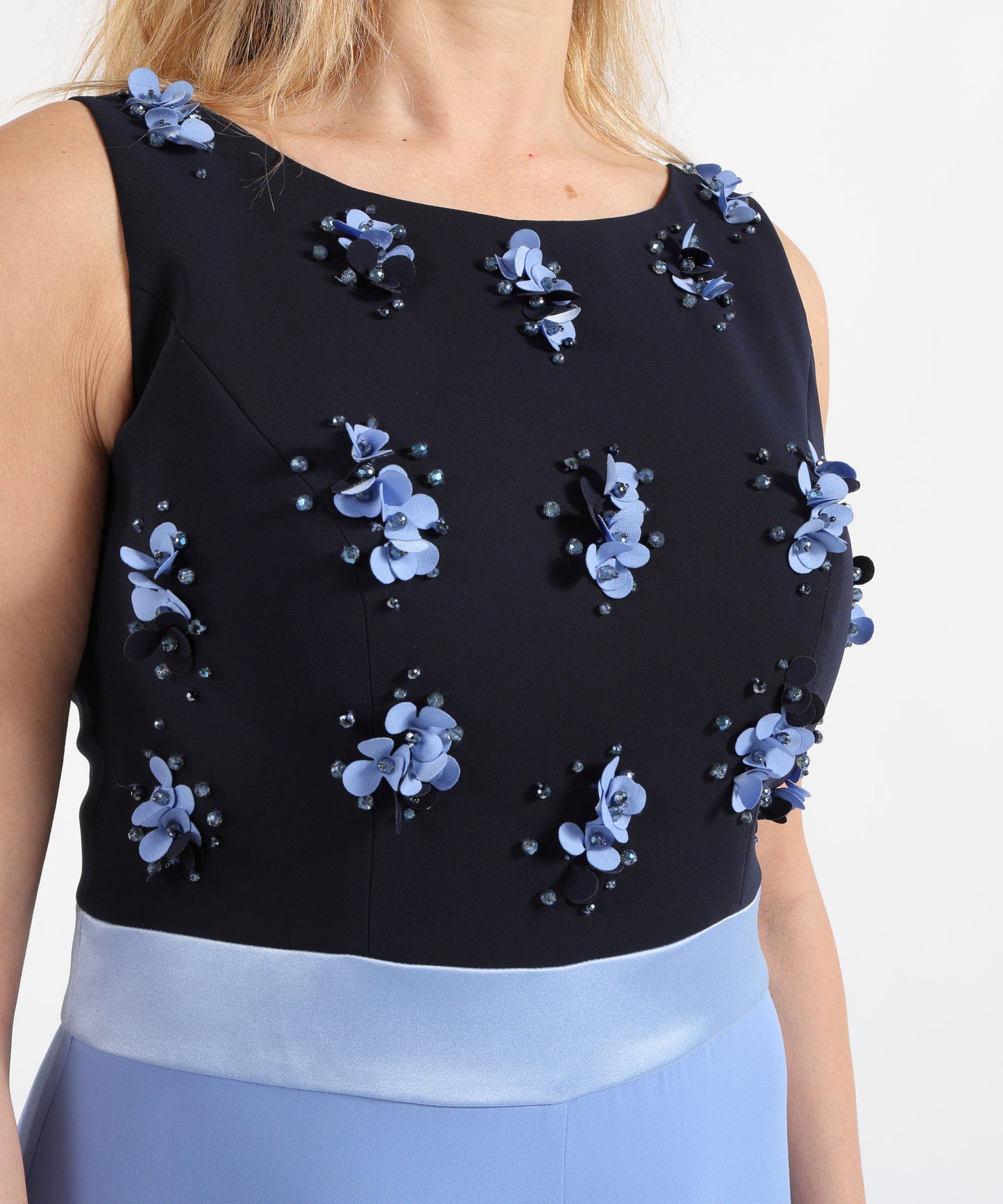 ANTONIO D'ERRICO Tuta Elegante Blu e Azzurro con Fiori in Tessuto