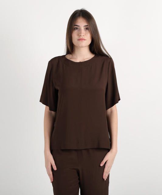 Shirts SEVENTY Silk-Blend Crepe Half-Sleeve Tunic Marrone | SEVENTY