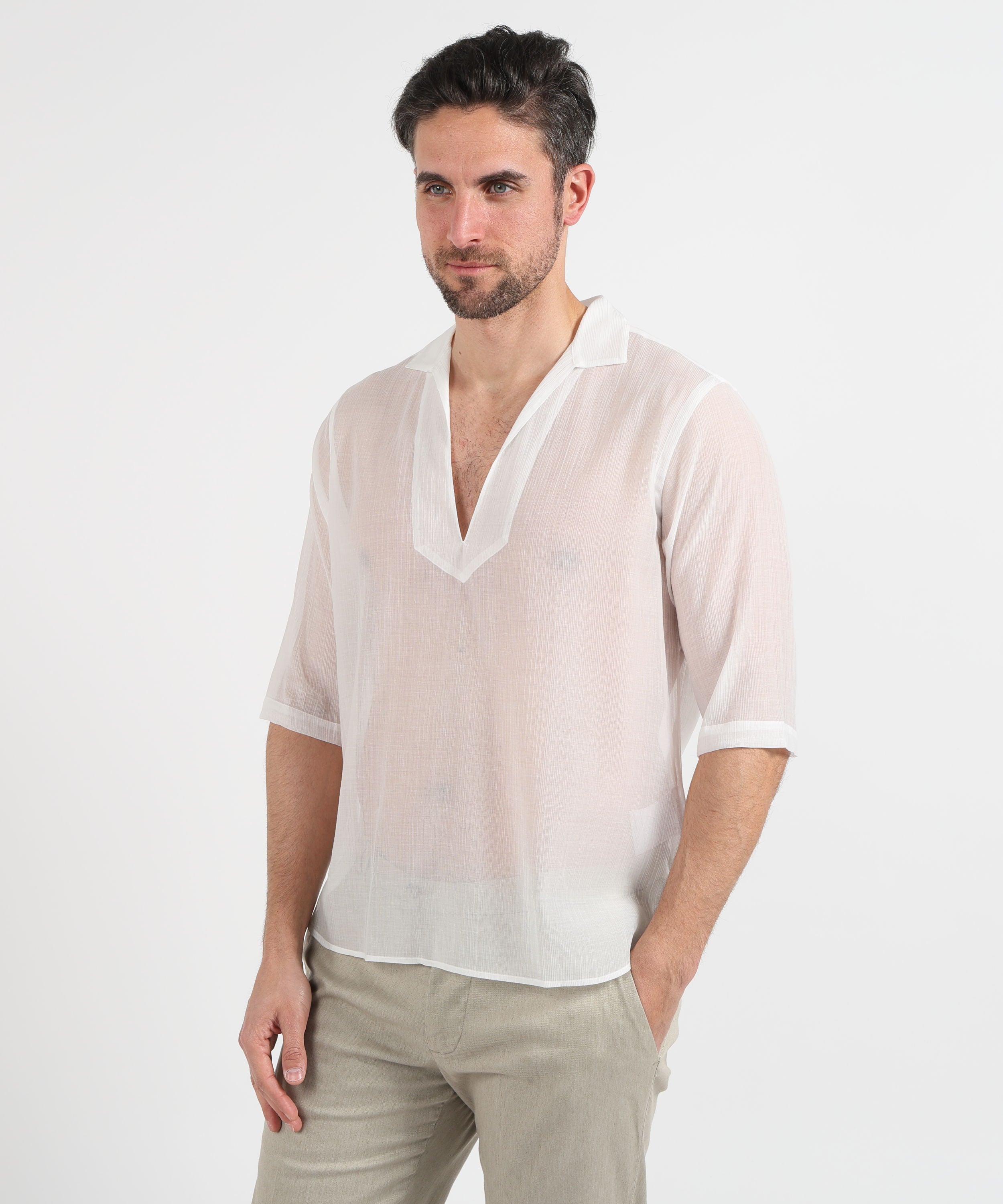 Shirts TAGLIATORE Men’s Shirt-Style Tunic in Cotton Muslin Effect Bianco | TAGLIATORE