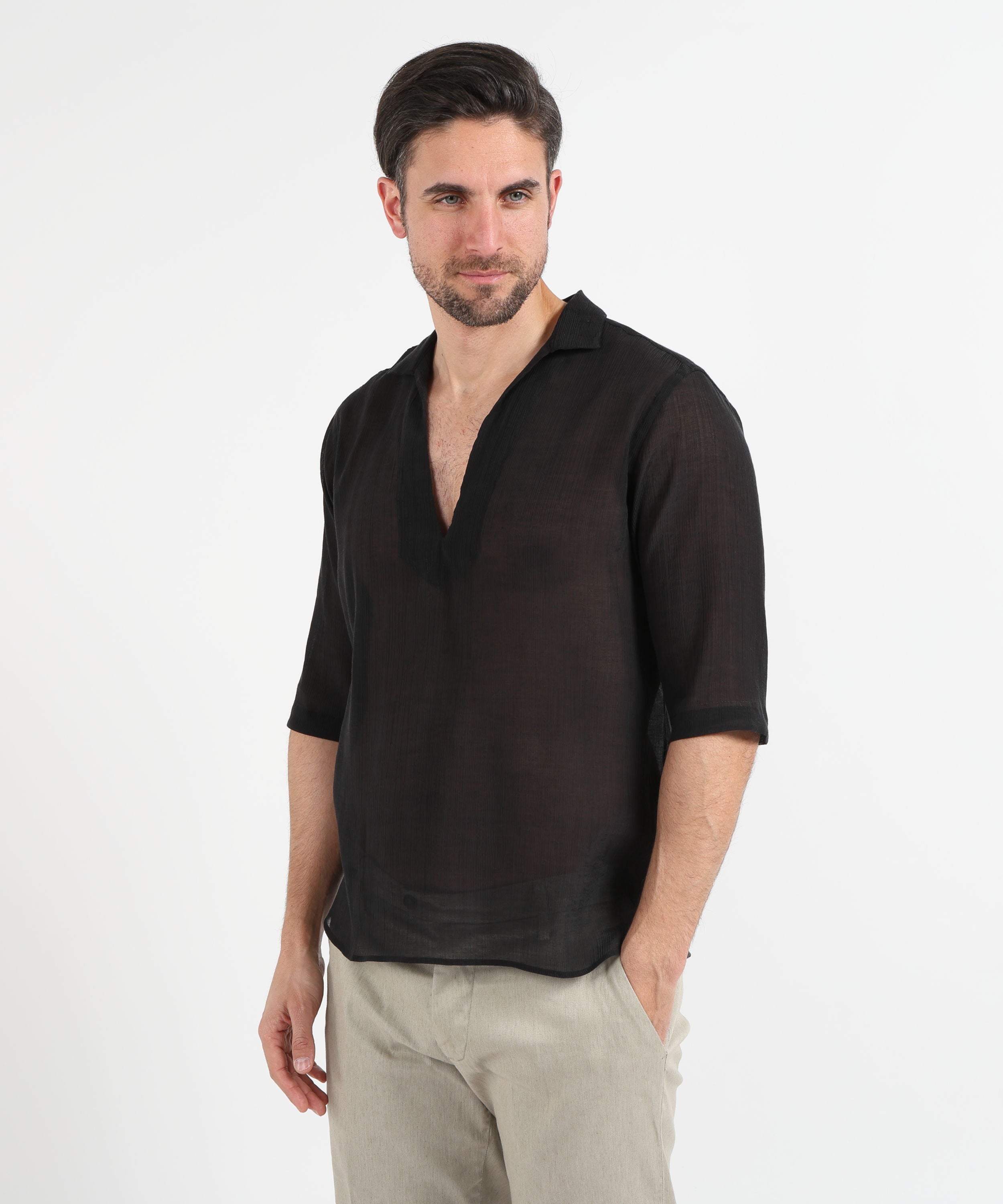 Shirts TAGLIATORE Men’s Shirt-Style Tunic in Cotton Muslin Effect Nero | TAGLIATORE