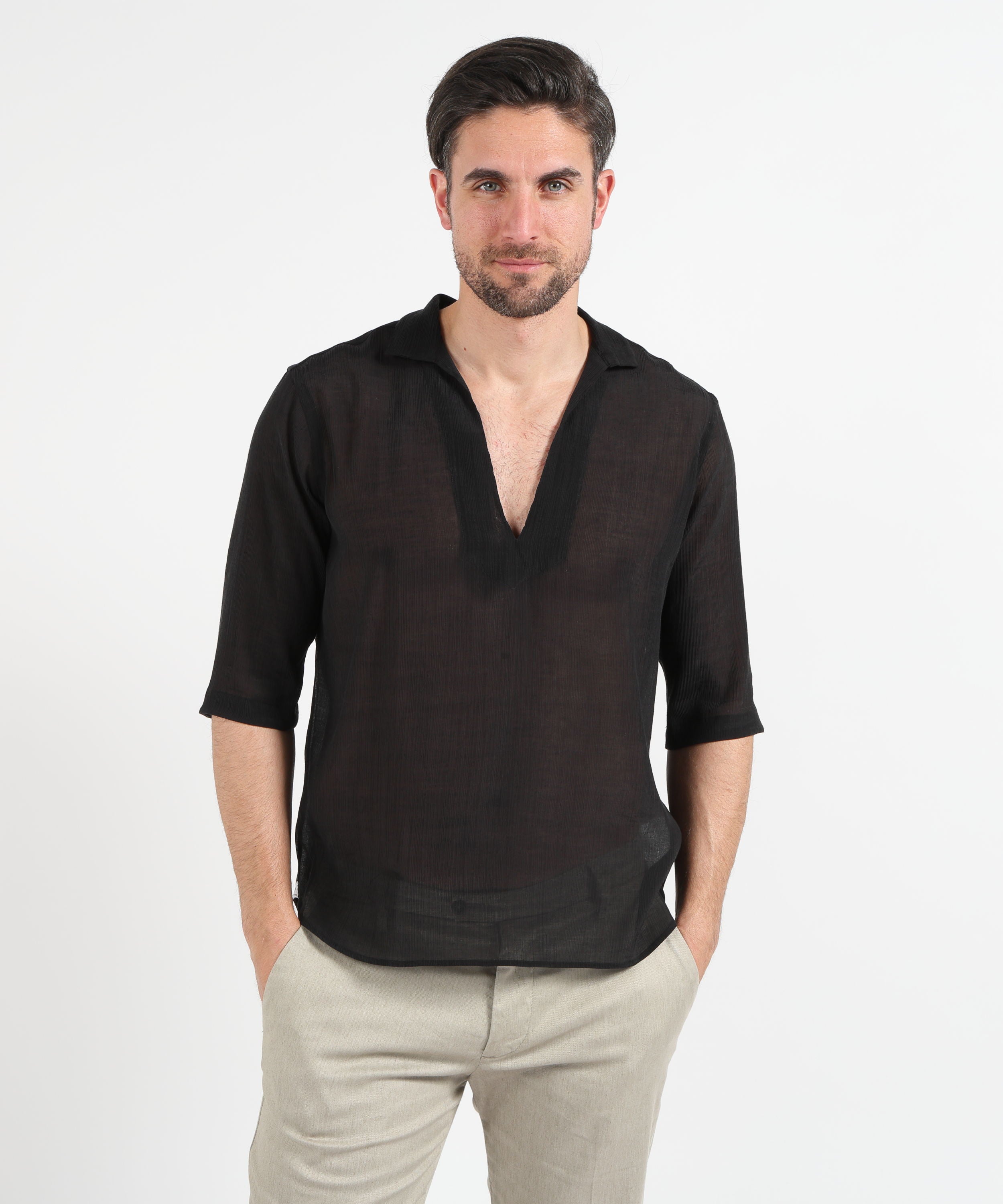 Shirts TAGLIATORE Men’s Shirt-Style Tunic in Cotton Muslin Effect Nero | TAGLIATORE