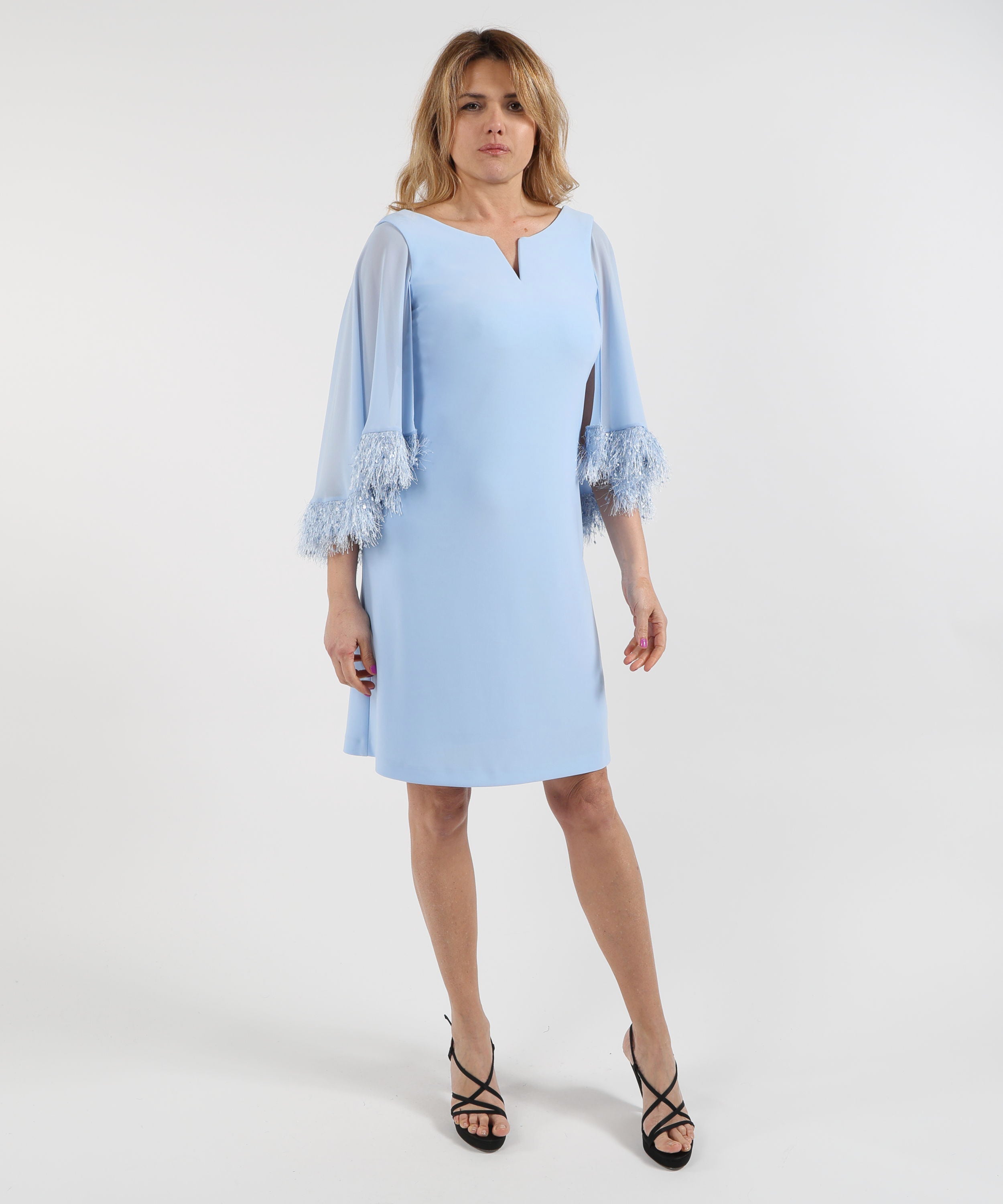 Abiti RIBKOFF Abito a trapezio in maglia effetto seta con mantella in chiffon e finiture in tessuti originali Azzurro | RIBKOFF
