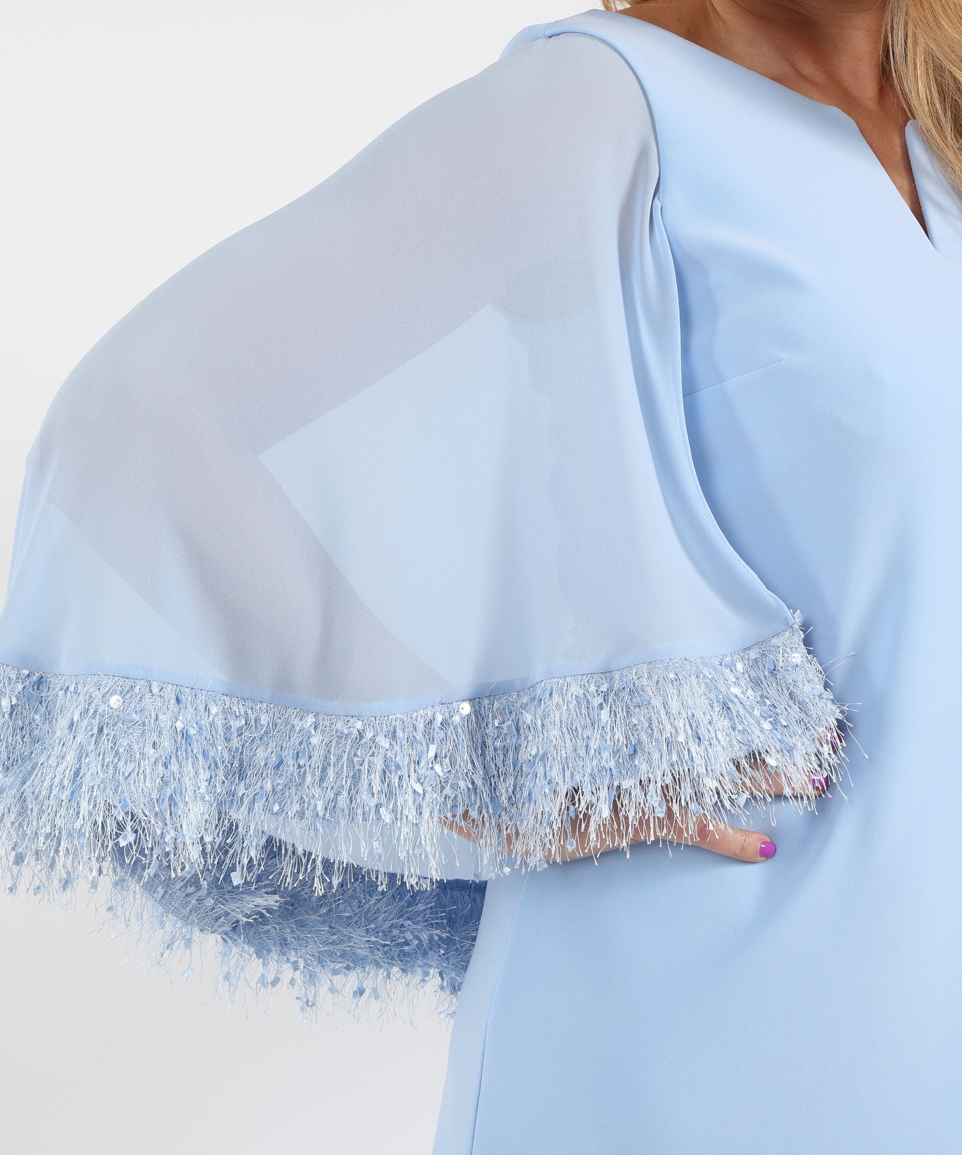 Abiti RIBKOFF Abito a trapezio in maglia effetto seta con mantella in chiffon e finiture in tessuti originali Azzurro | RIBKOFF
