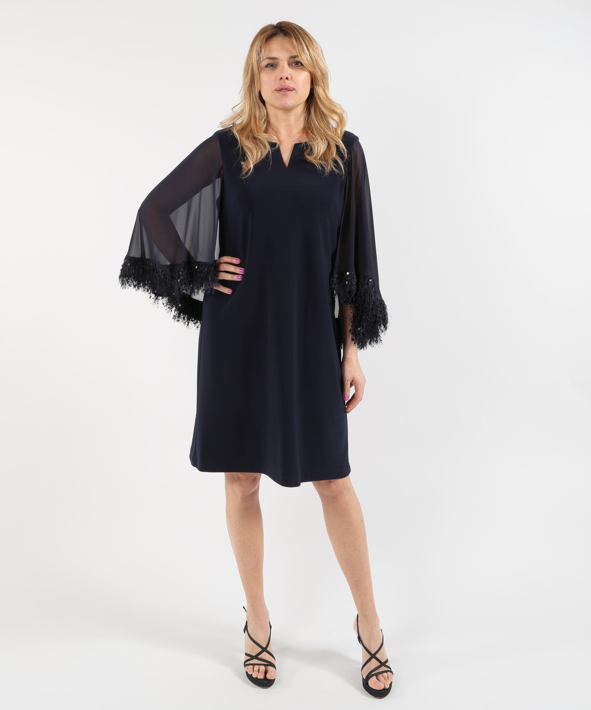 Abiti RIBKOFF Abito a trapezio in maglia effetto seta con mantella in chiffon e finiture in tessuti originali Blu notte | RIBKOFF