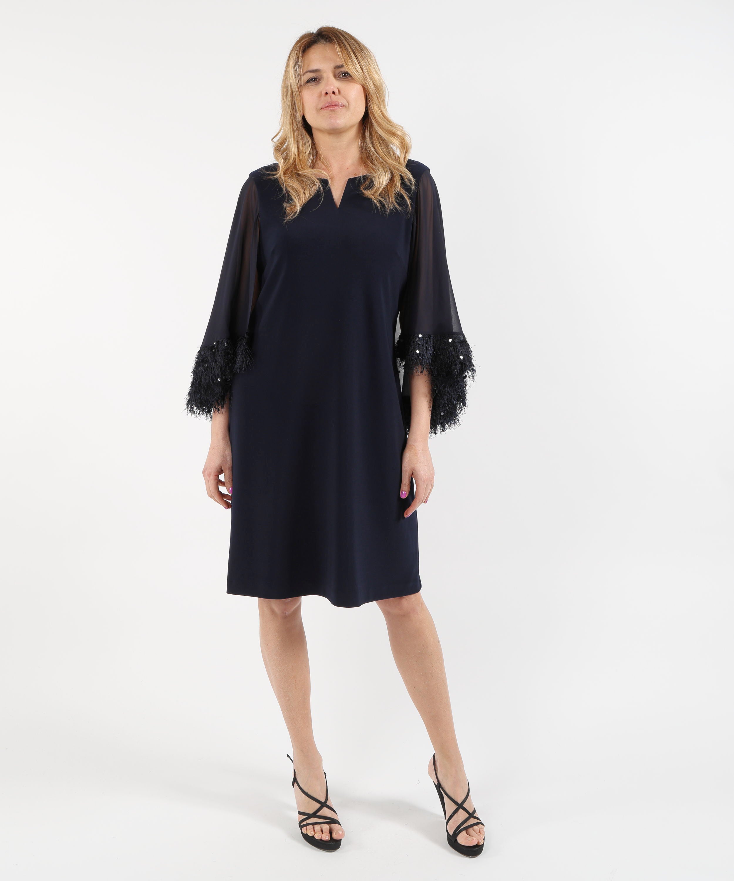 Abiti RIBKOFF Abito a trapezio in maglia effetto seta con mantella in chiffon e finiture in tessuti originali Blu notte | RIBKOFF
