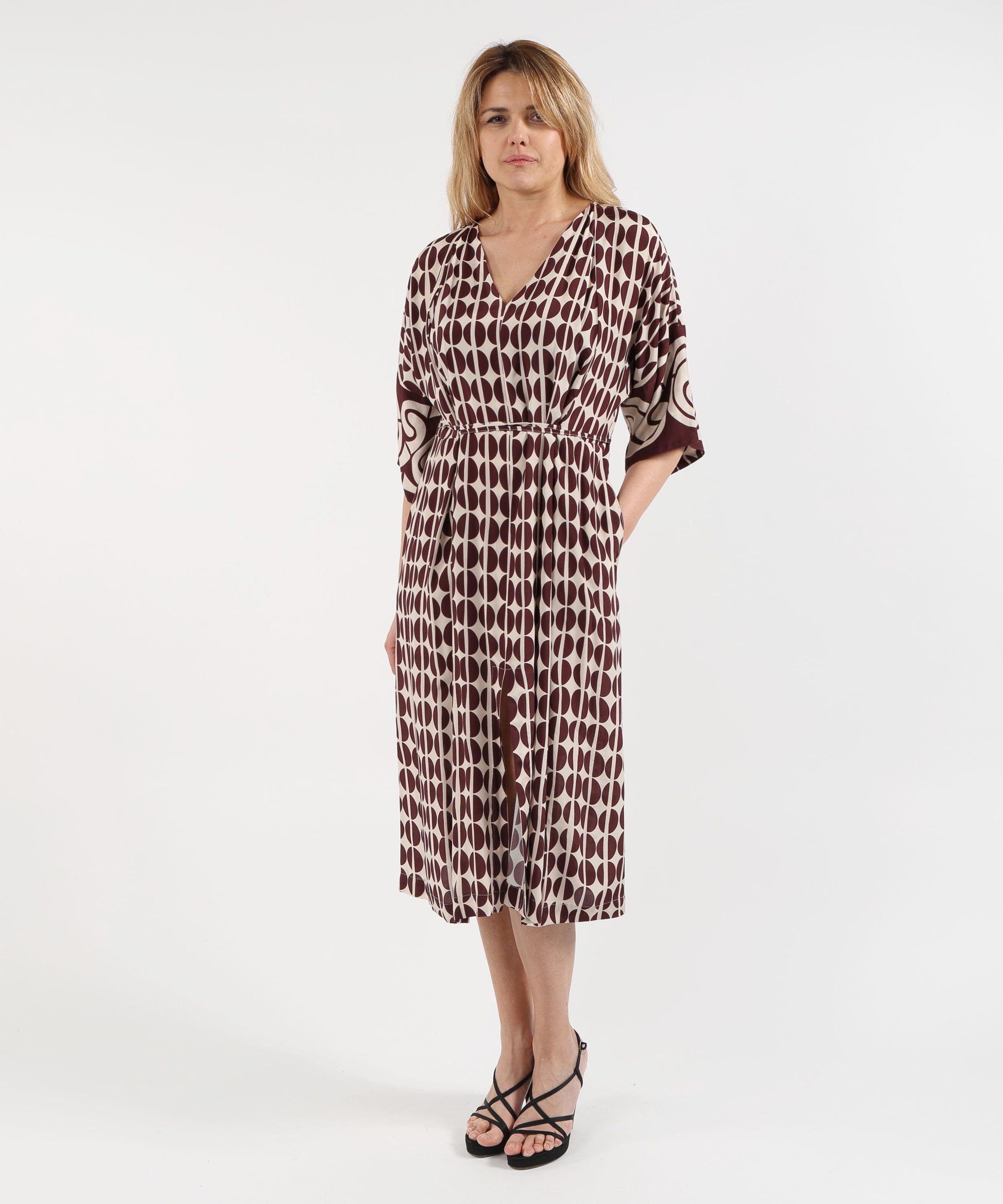 Abiti TO.ABI Abito Sotto al Ginocchio con Fantasia Geometrica Crema | TO.ABI