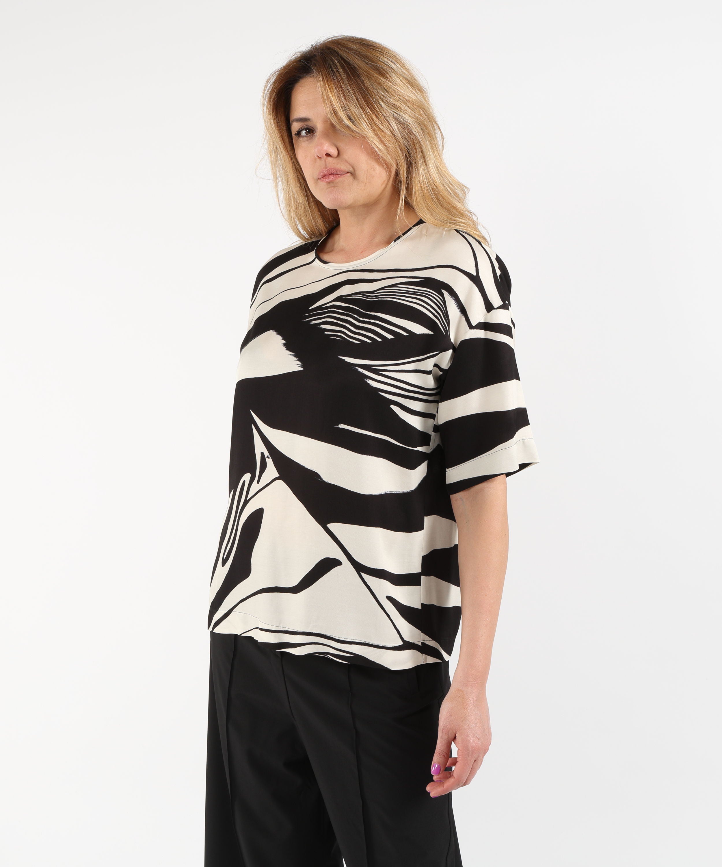 Knitwear ELENA MIRO' Printed Viscose Twill Blouse Nero/avorio | ELENA MIRO'