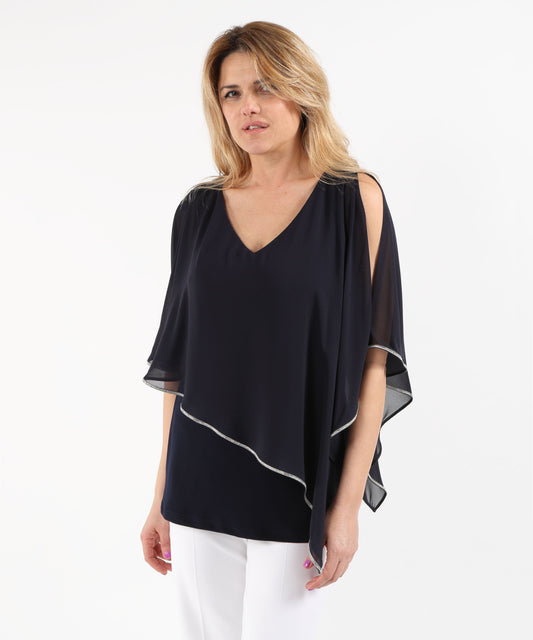 Blouses RIBKOFF Poncho-Style Tunic with Chiffon Layers Blu notte | RIBKOFF