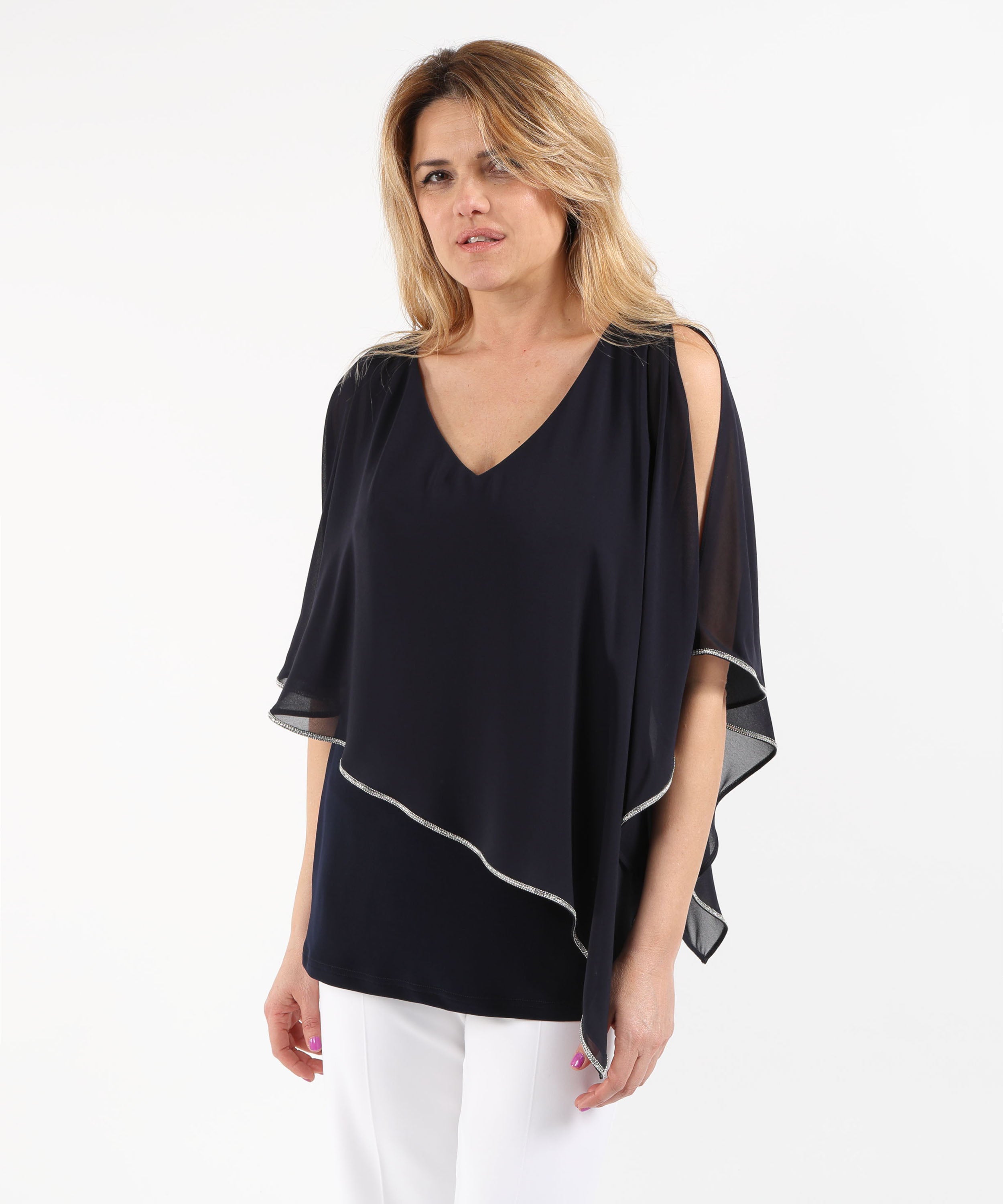 Blouses RIBKOFF Poncho-Style Tunic with Chiffon Layers Blu notte | RIBKOFF