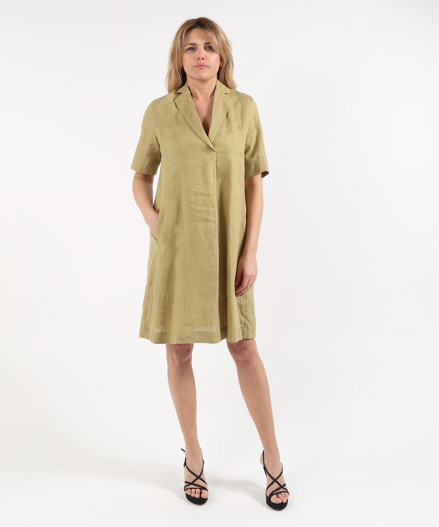 ELENA MIRO' Short-Sleeve Linen Shirt Dress