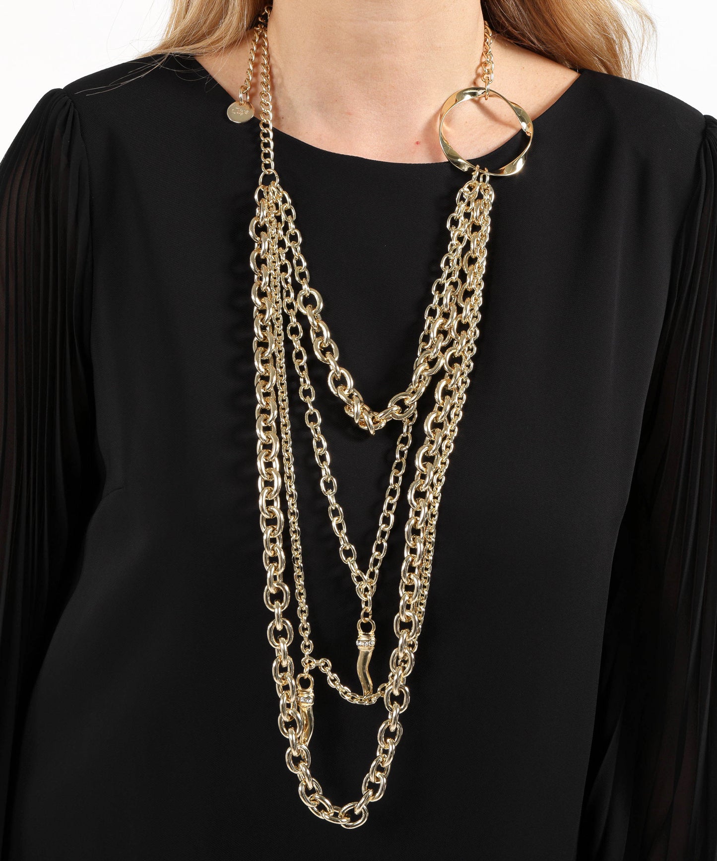 CLIPS Long Gold Four-Strand Necklace with Central Ring and Decorative Pendants”