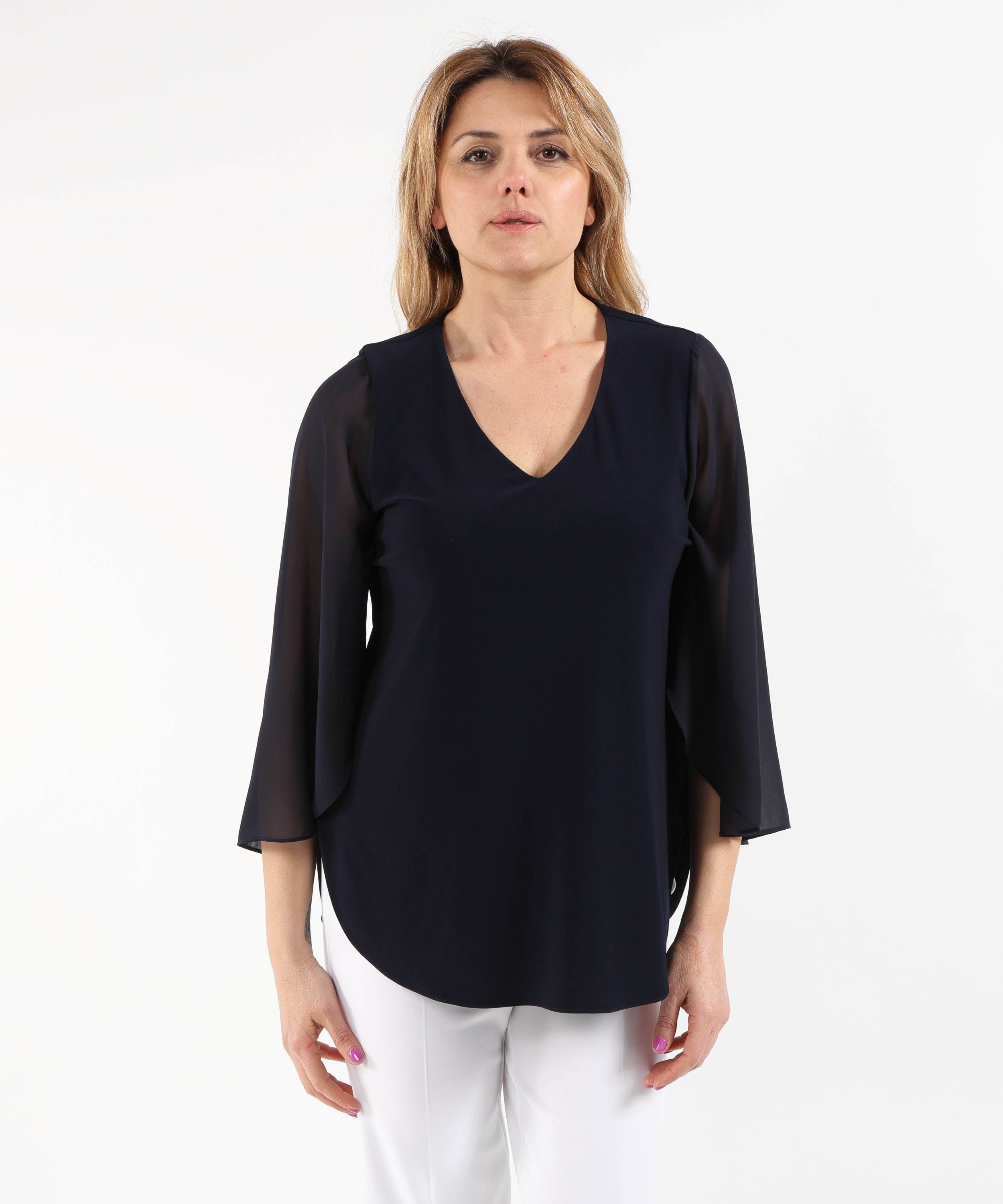 Smocks RIBKOFF Straight-Cut Silk-Effect Knit Tunic with Chiffon Tulip Sleeves Blu notte | RIBKOFF
