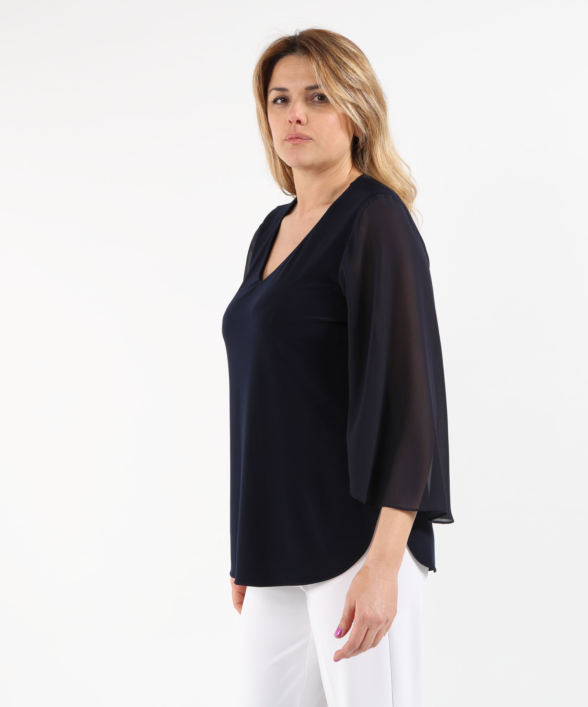 Casacche RIBKOFF Tunica dritta in maglia effetto seta con maniche a tulipano in chiffon Blu notte | RIBKOFF