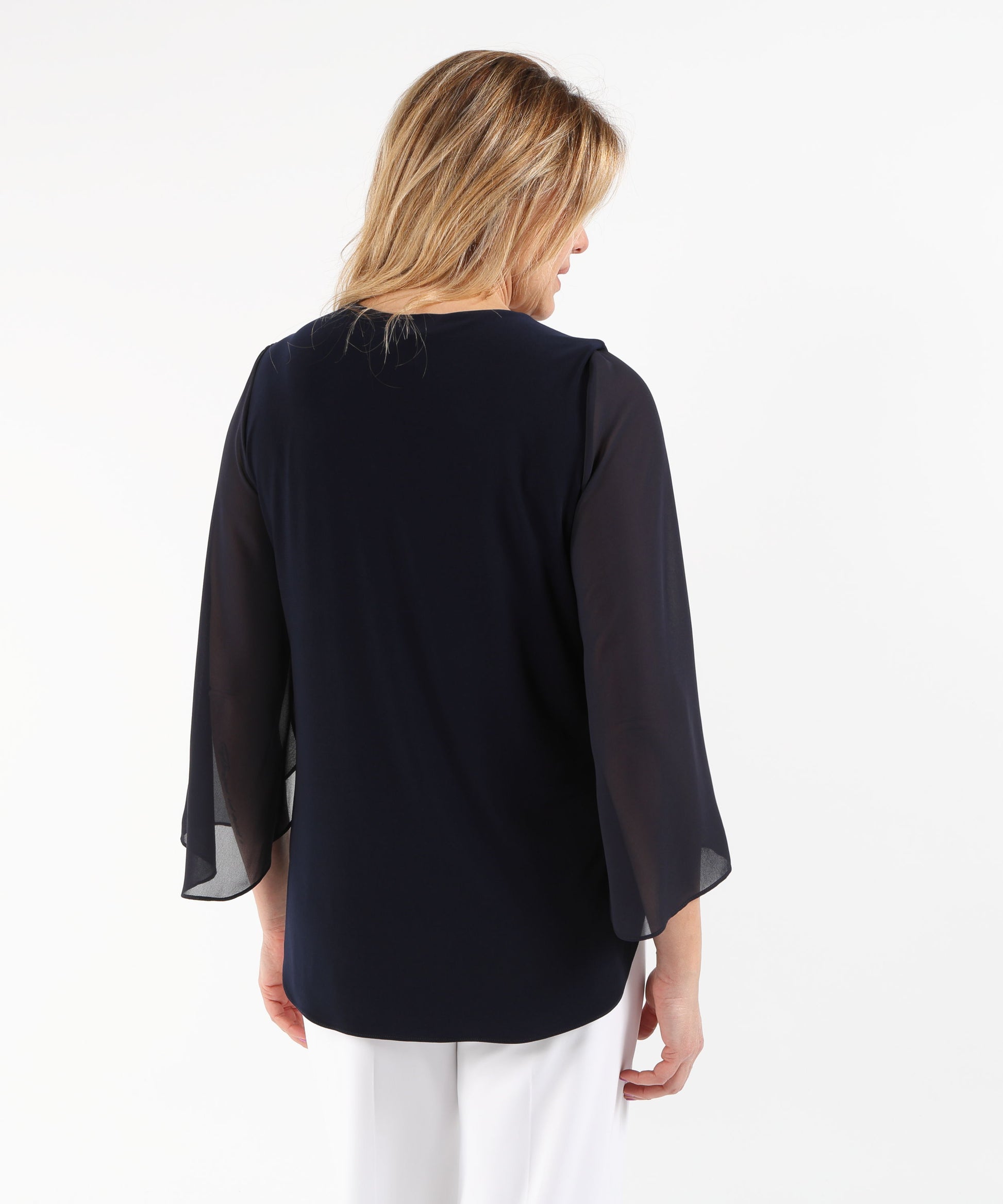 Casacche RIBKOFF Tunica dritta in maglia effetto seta con maniche a tulipano in chiffon Blu notte | RIBKOFF