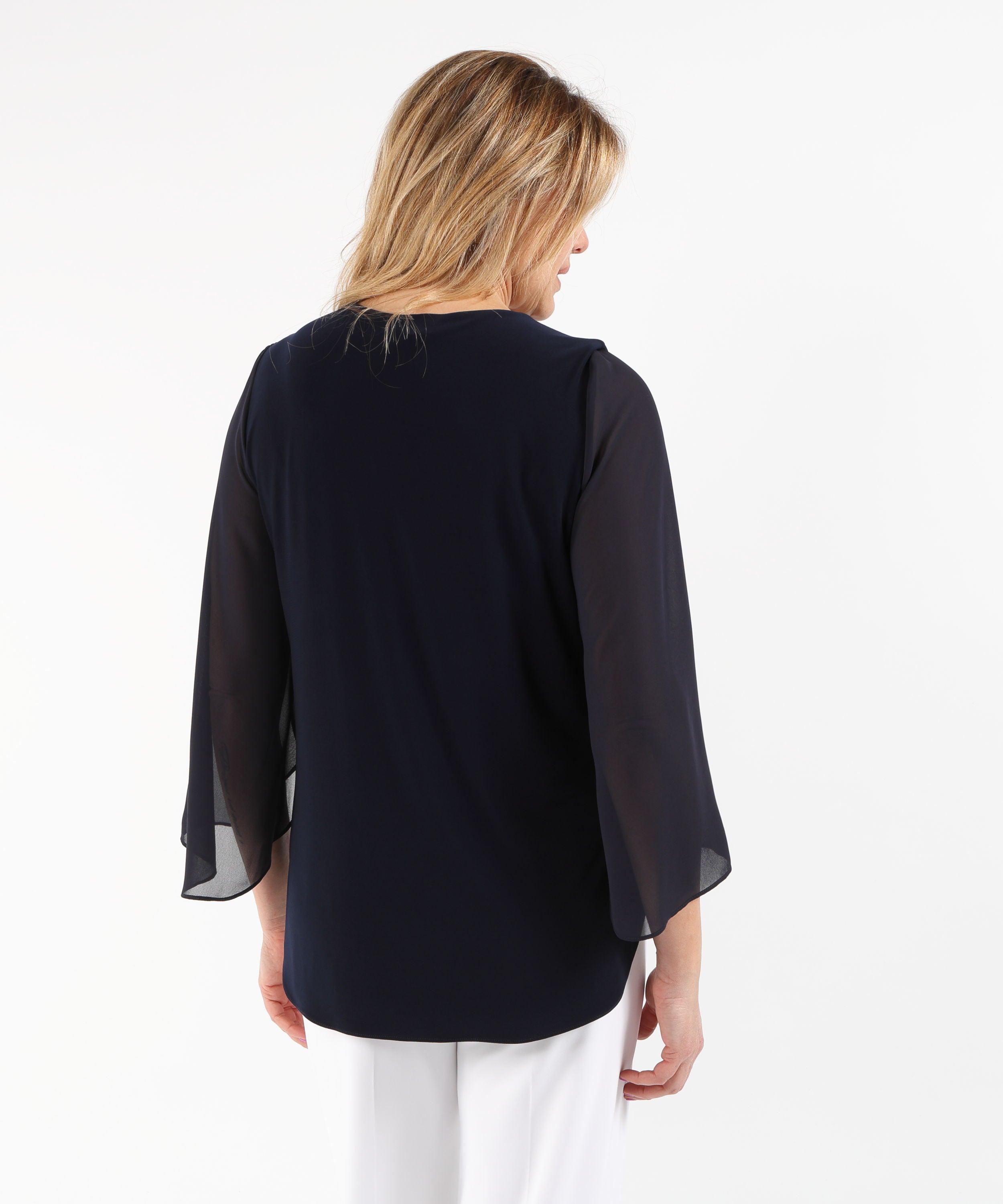 Smocks RIBKOFF Straight-Cut Silk-Effect Knit Tunic with Chiffon Tulip Sleeves Blu notte | RIBKOFF