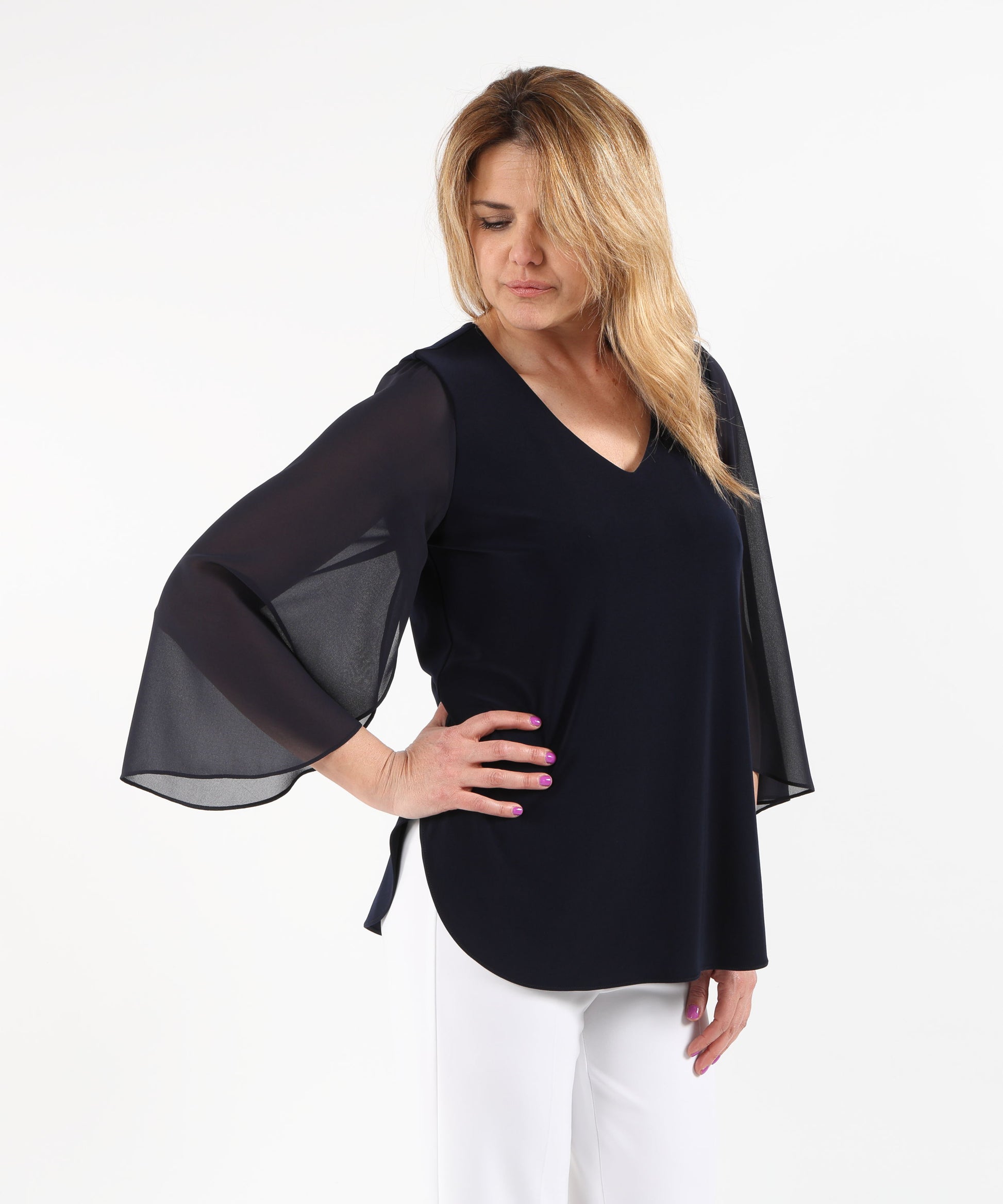 Casacche RIBKOFF Tunica dritta in maglia effetto seta con maniche a tulipano in chiffon Blu notte | RIBKOFF