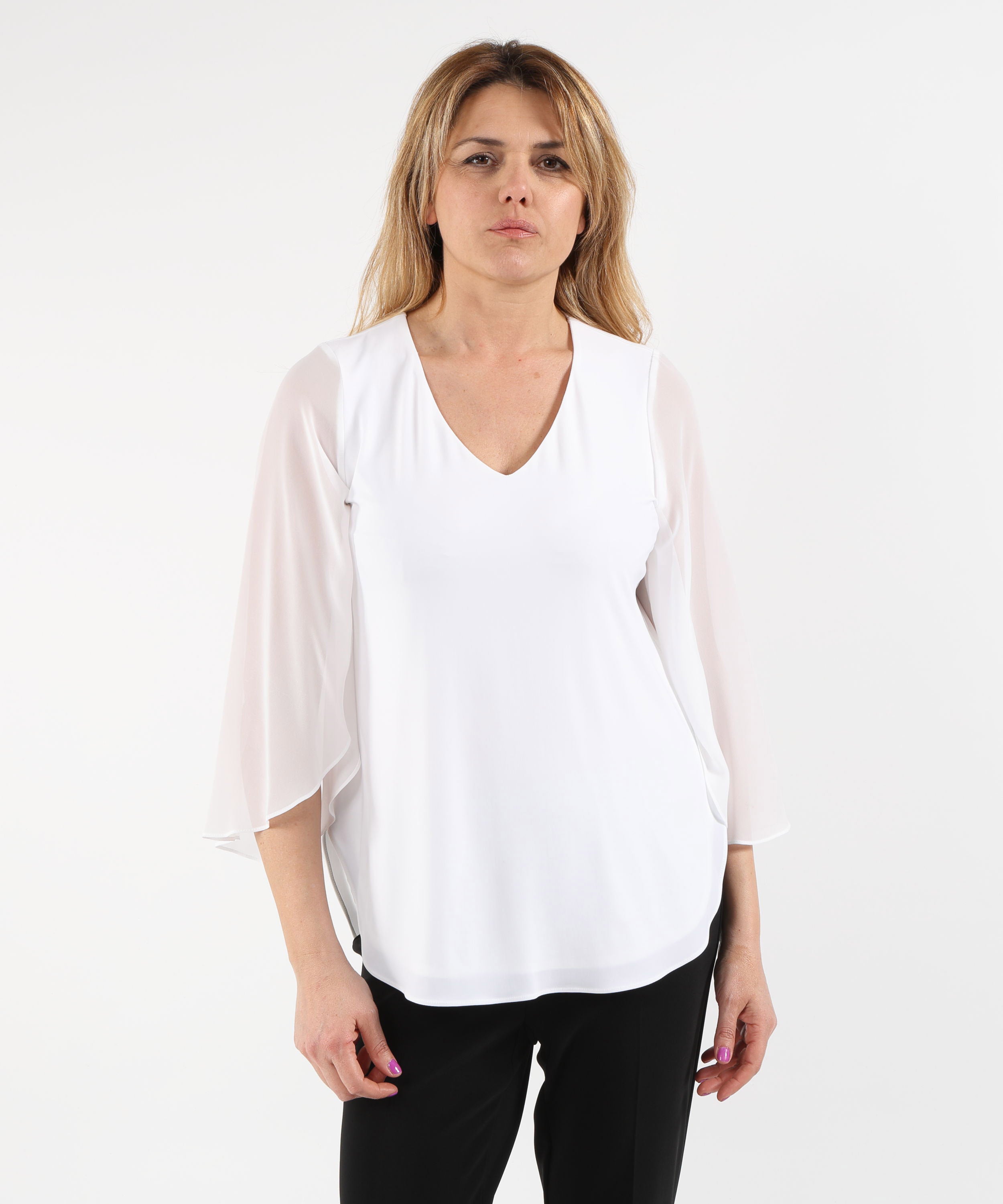 Smocks RIBKOFF Straight-Cut Silk-Effect Knit Tunic with Chiffon Tulip Sleeves Vaniglia | RIBKOFF