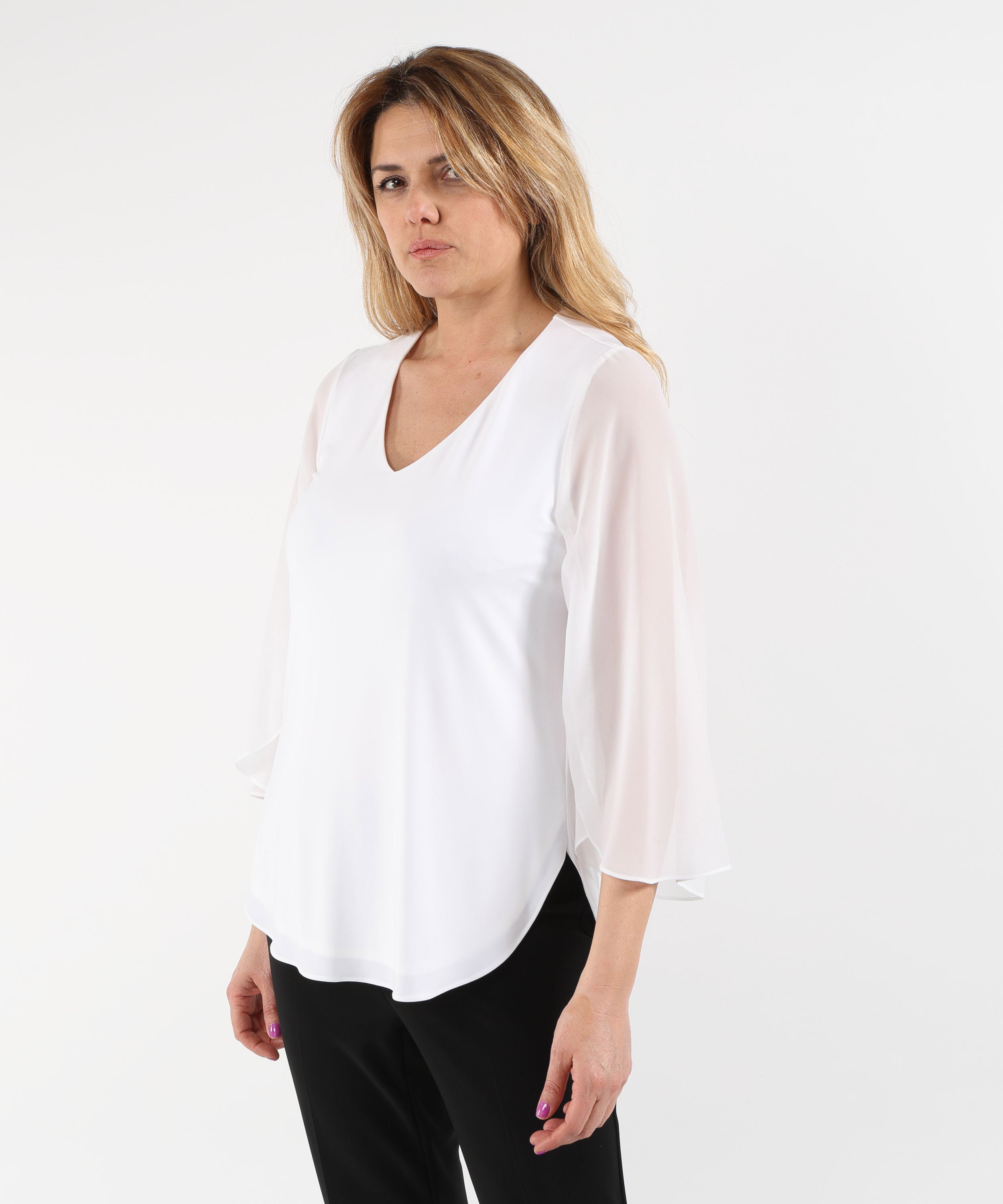 Smocks RIBKOFF Straight-Cut Silk-Effect Knit Tunic with Chiffon Tulip Sleeves Vaniglia | RIBKOFF