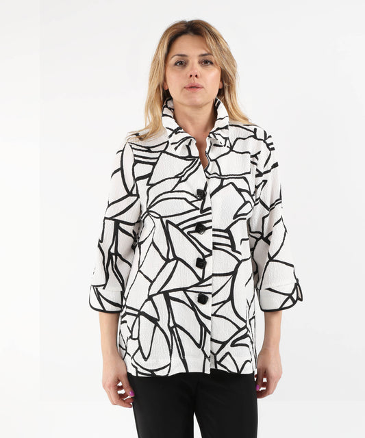 Giacche RIBKOFF Giacca a trapezio in seersucker con stampa astratta e bottoni a contrasto Vaniglia/nero | RIBKOFF