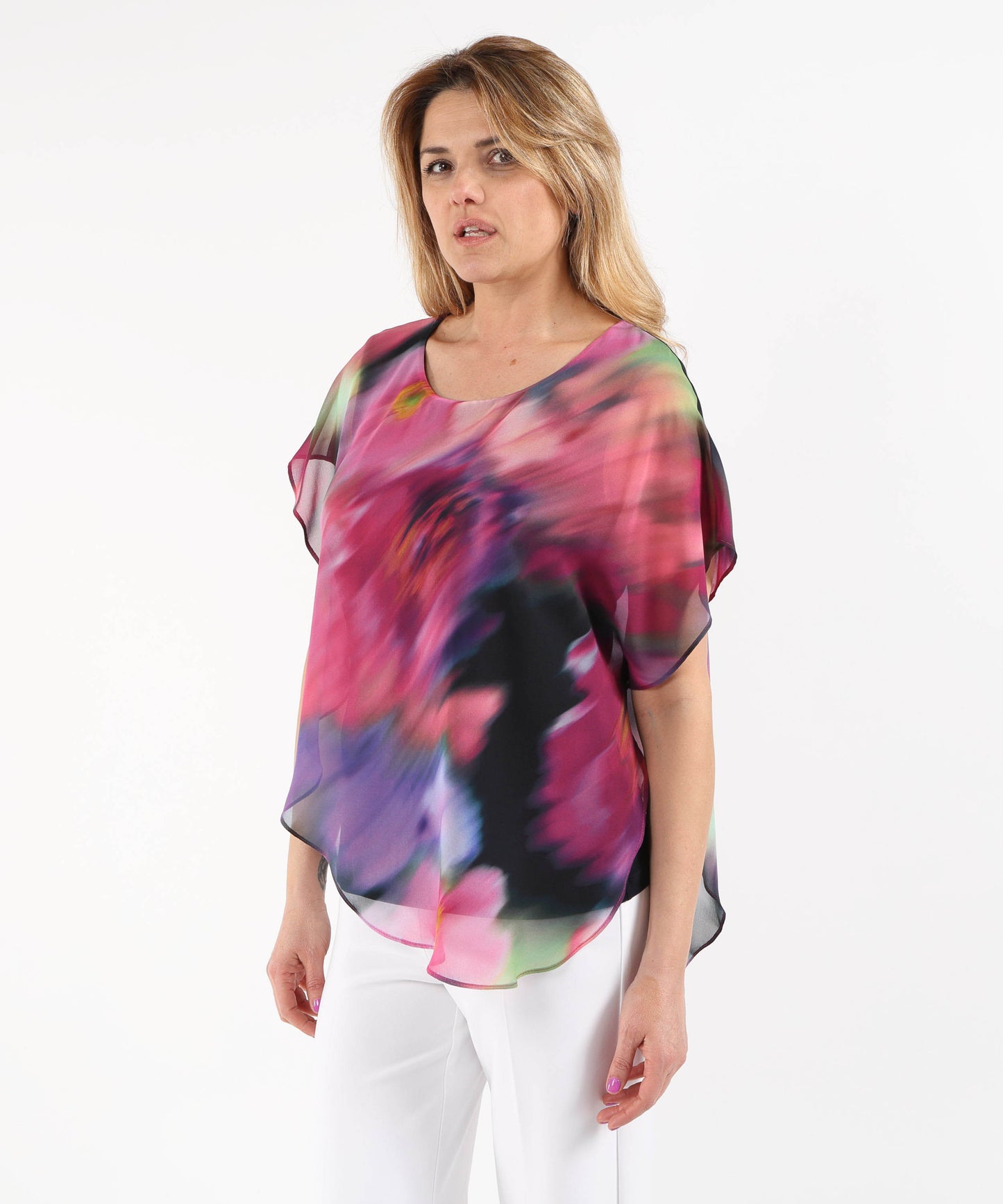 RIBKOFF Asymmetric Layered Top in Recycled Chiffon with Floral Print