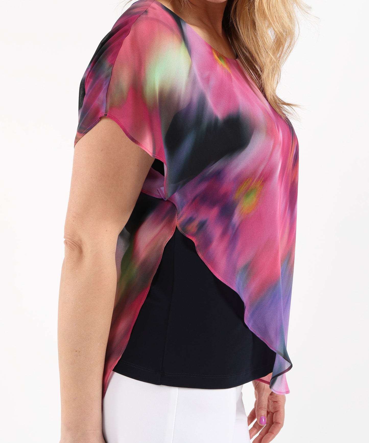 RIBKOFF Asymmetric Layered Top in Recycled Chiffon with Floral Print