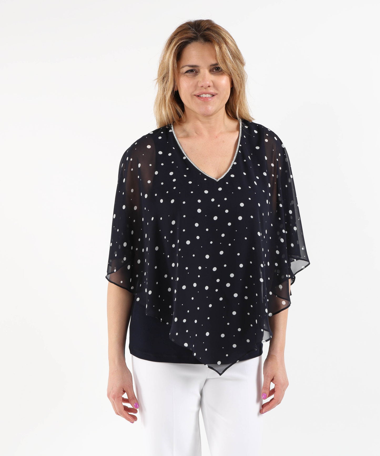 RIBKOFF Silk-Effect Knit Polka Dot Poncho with Rhinestone Trim