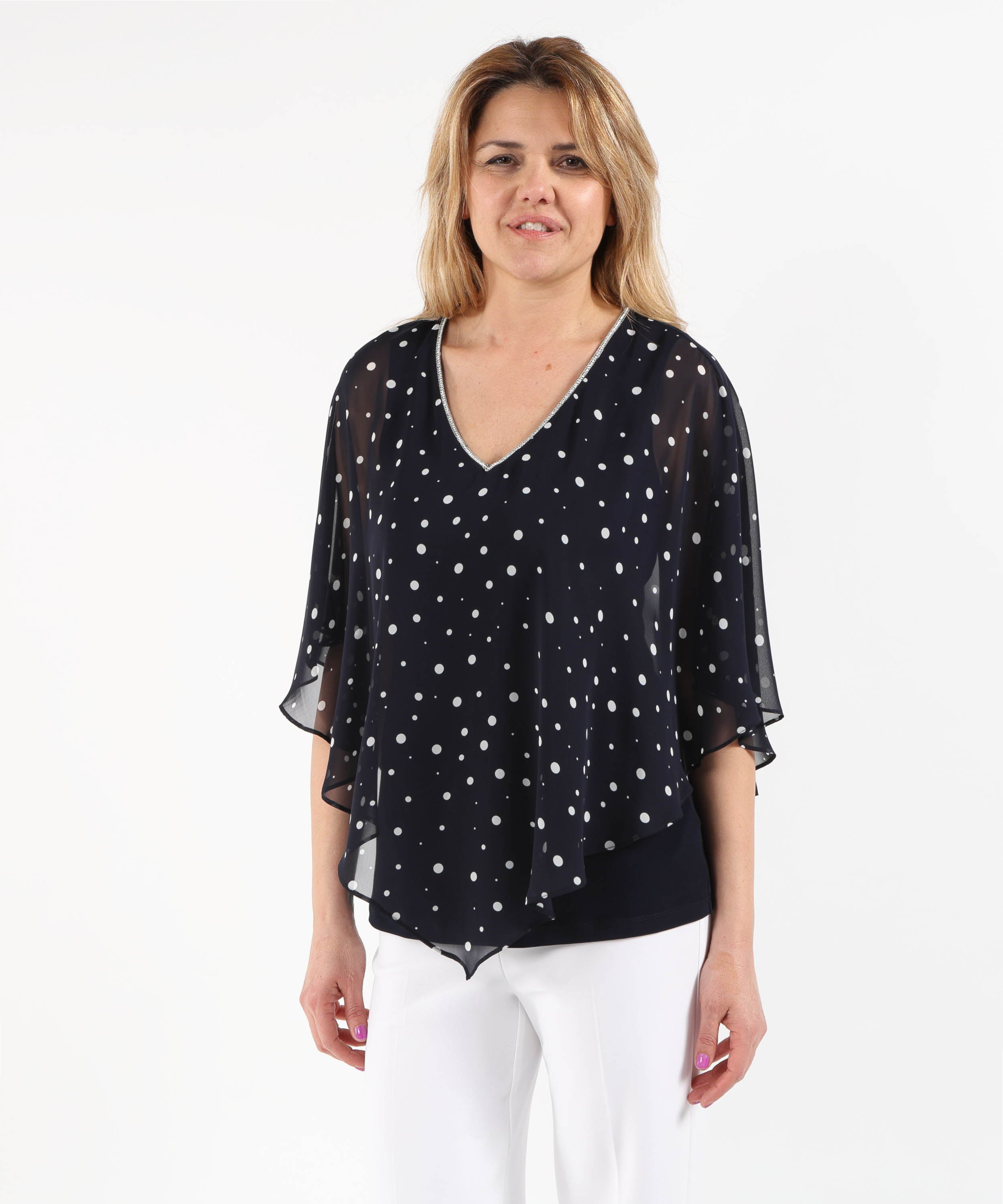 Top RIBKOFF Poncho a pois in maglia effetto seta con finiture in strass Blu/vaniglia | RIBKOFF
